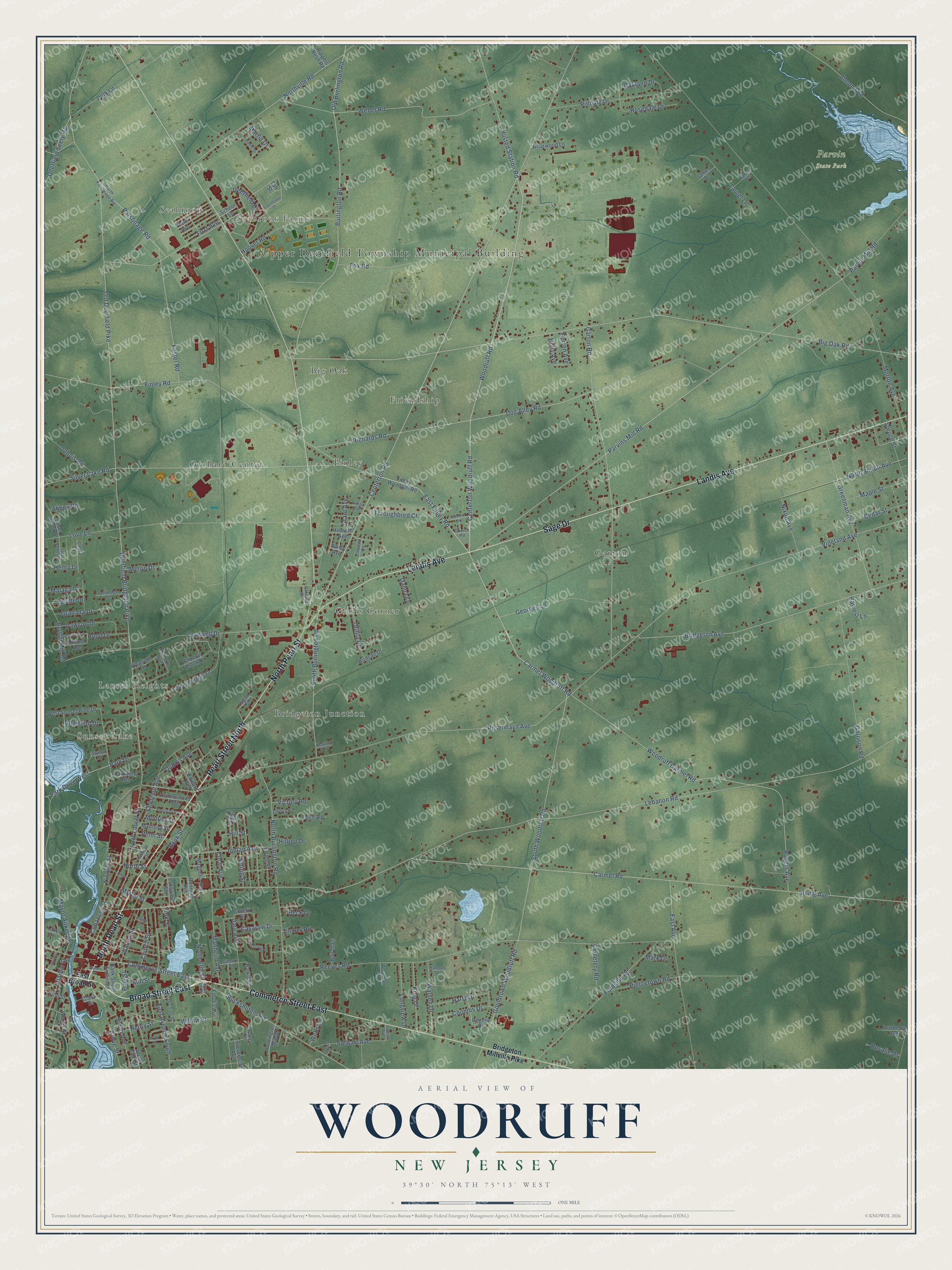 Full map of Woodruff, New Jersey, with red buildings, printed street names and the land around them