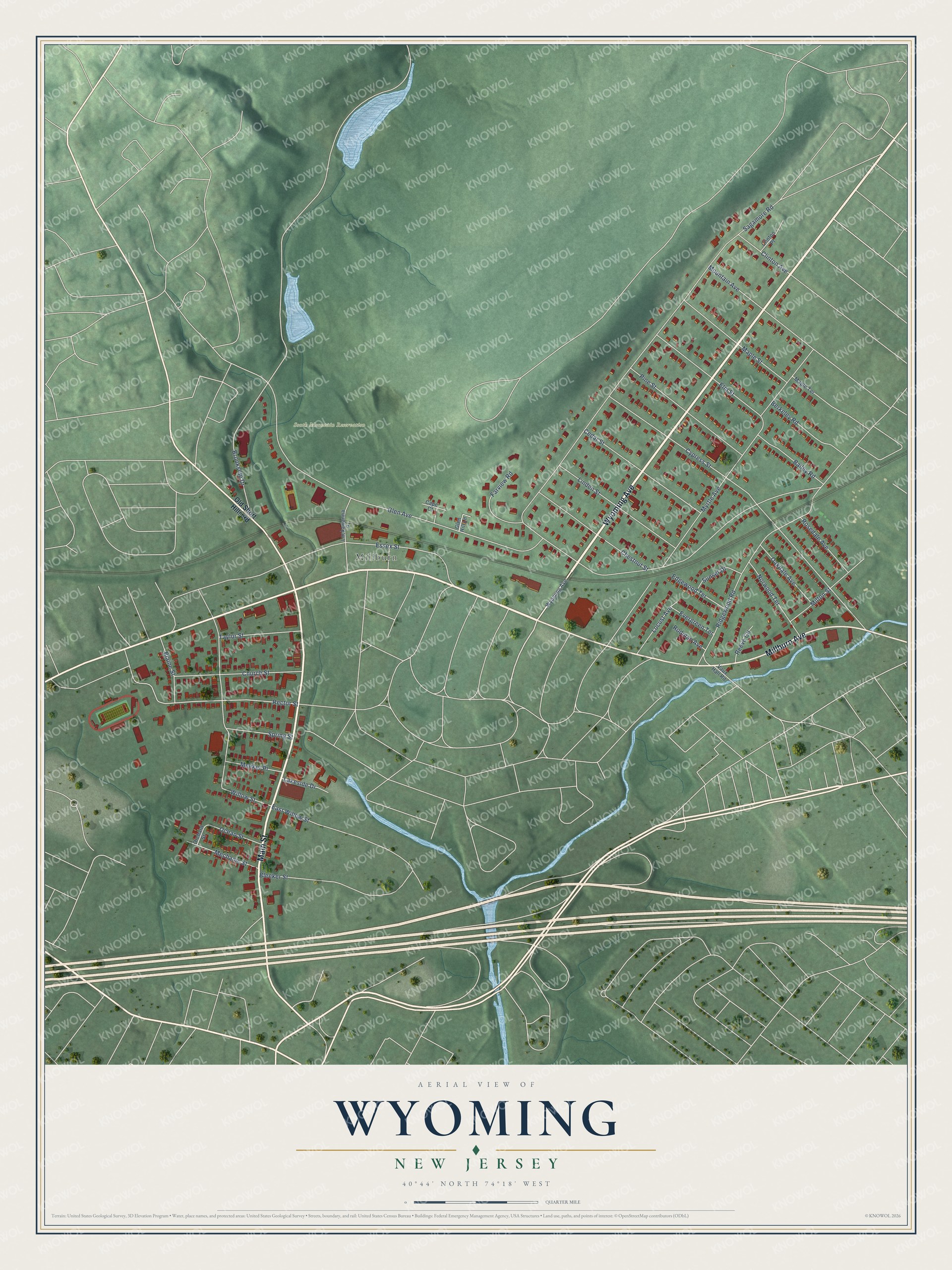 Full map of Wyoming, New Jersey, with red buildings, printed street names and the land around them