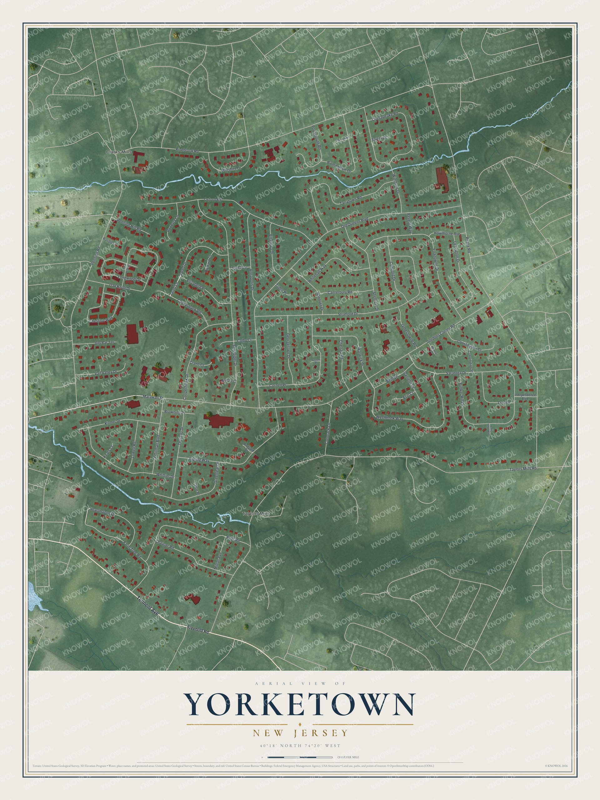 Full map of Yorketown, New Jersey, with red buildings, printed street names and the land around them