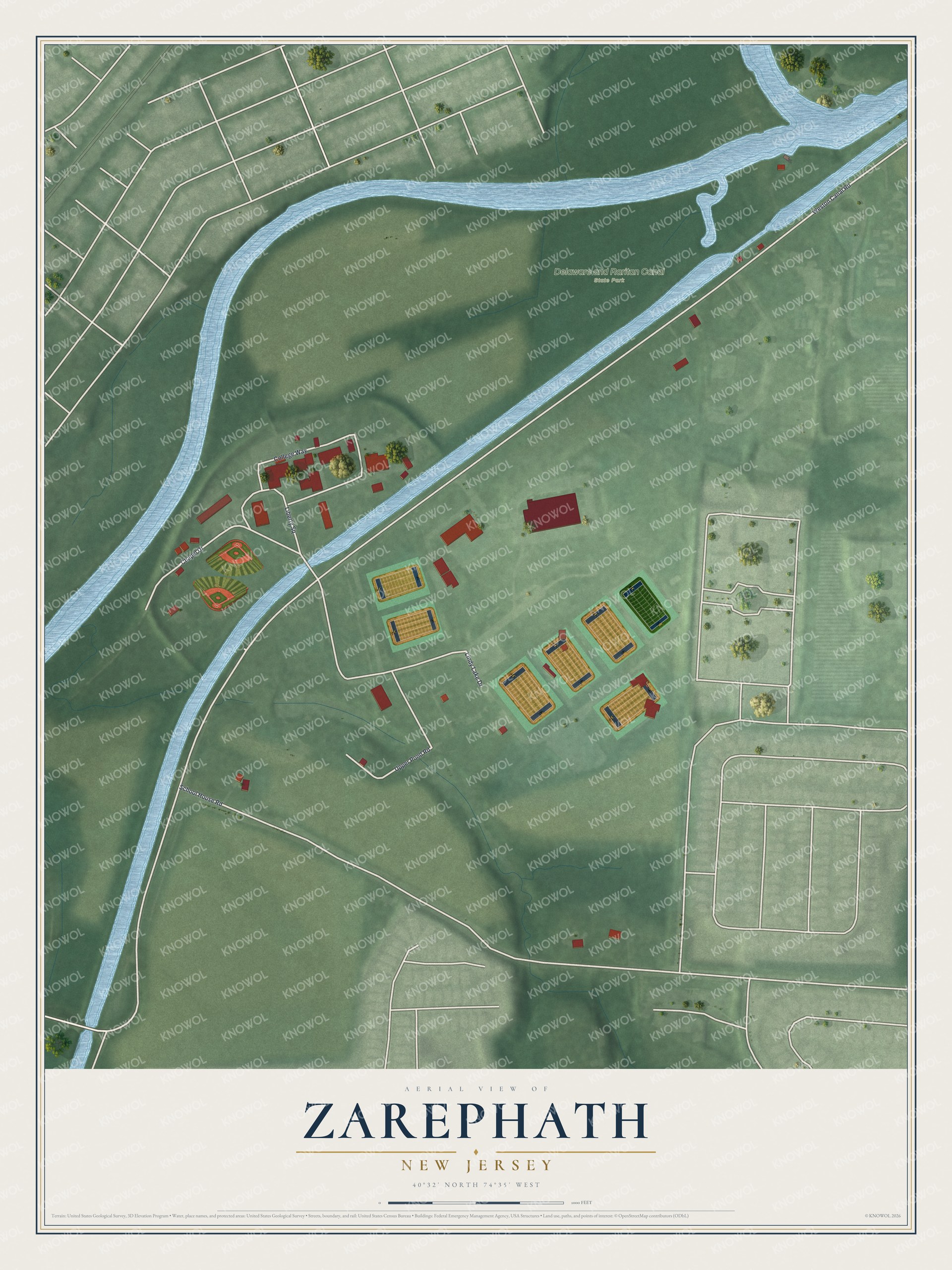 Full map of Zarephath, New Jersey, with red buildings, printed street names and the land around them