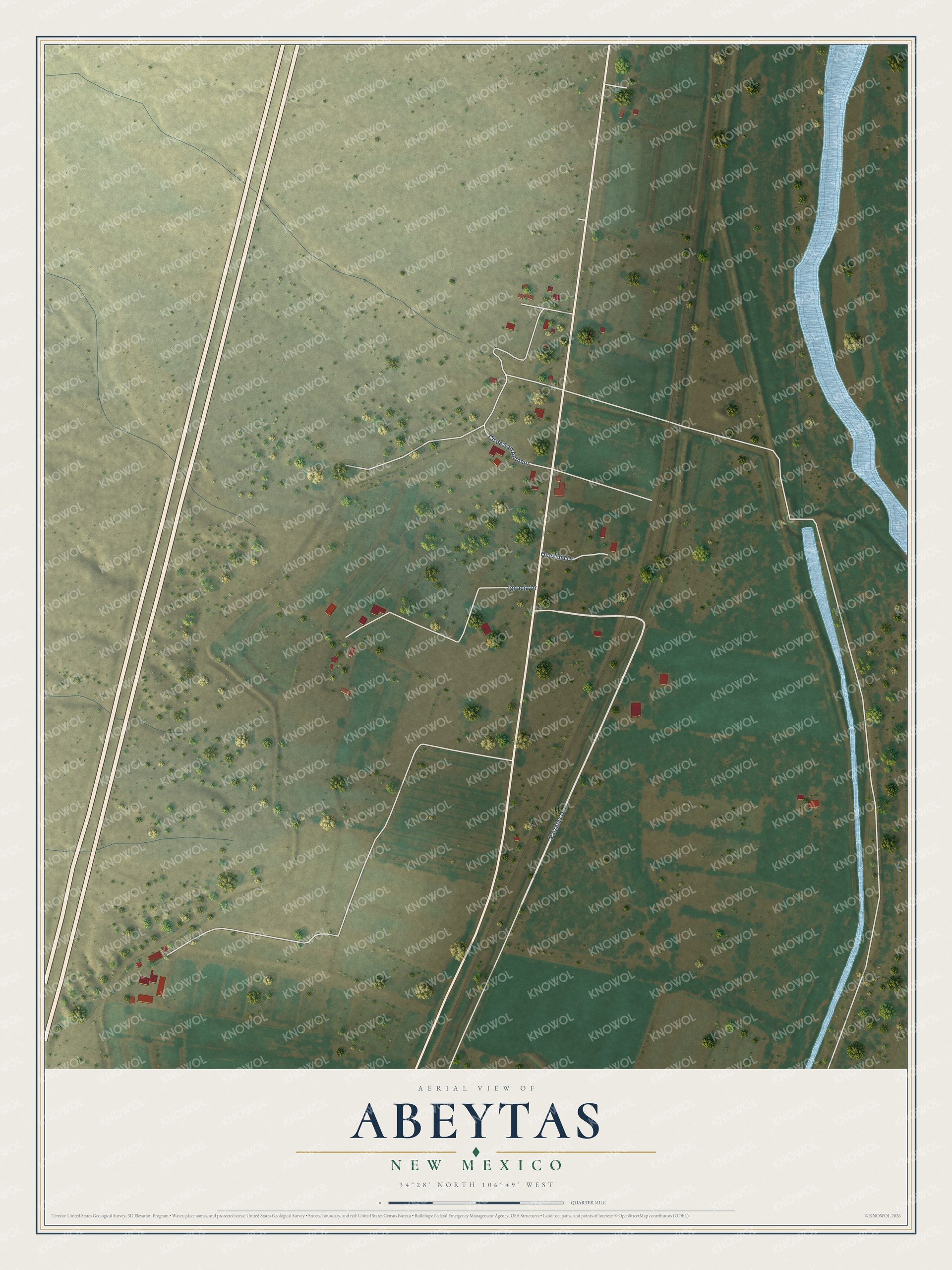 Full map of Abeytas, New Mexico, with red buildings, printed street names and the land around them