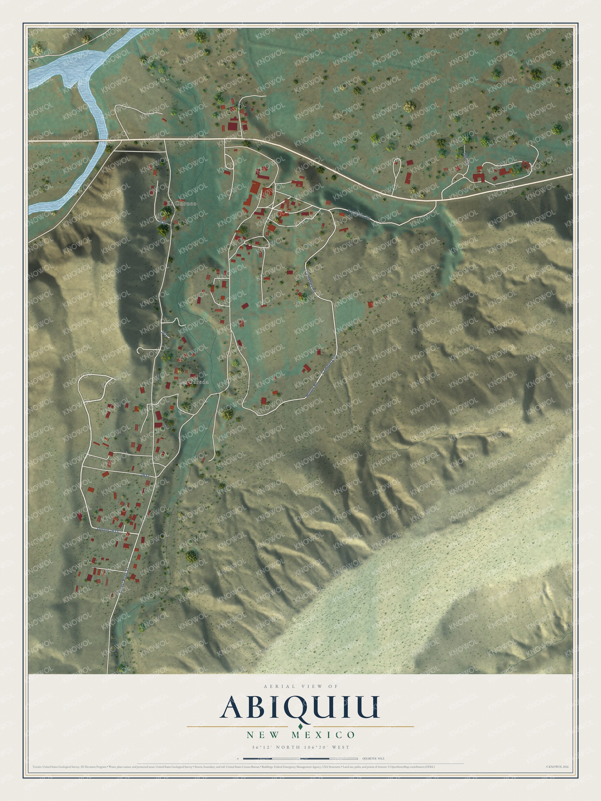 Full map of Abiquiu, New Mexico, with red buildings, printed street names and the land around them