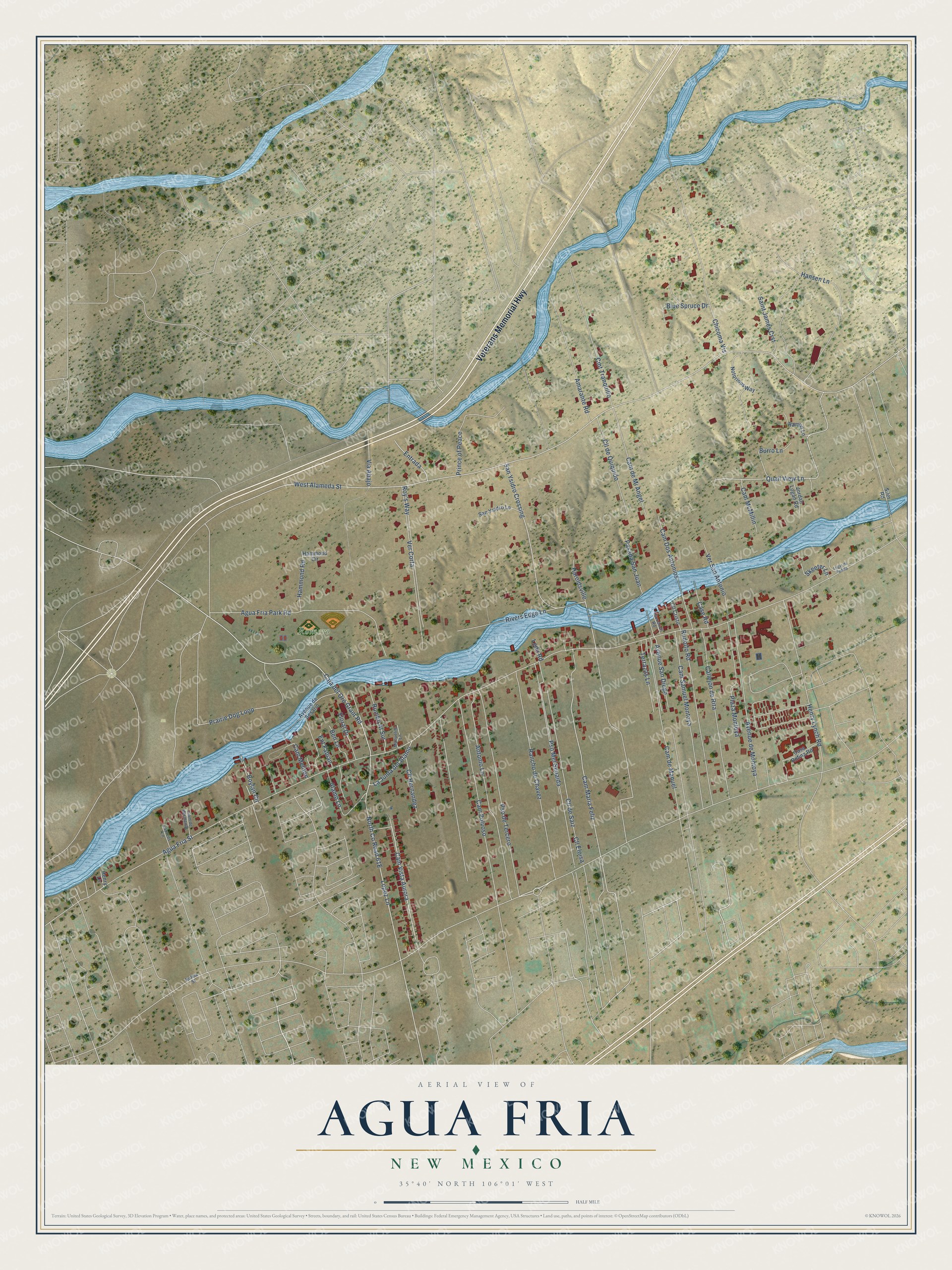 Full map of Agua Fria, New Mexico, with red buildings, printed street names and the land around them