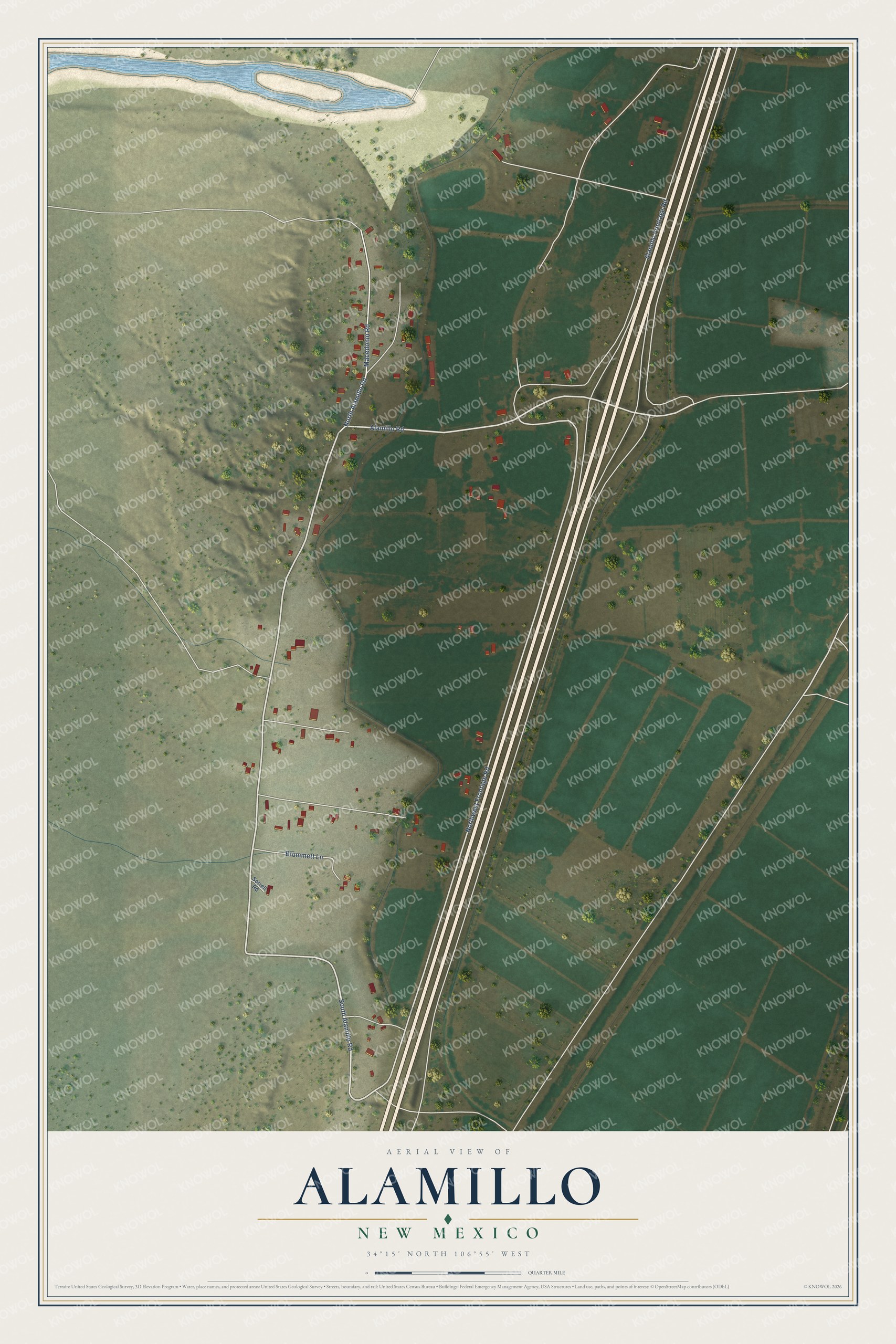 Full map of Alamillo, New Mexico, with red buildings, printed street names and the land around them
