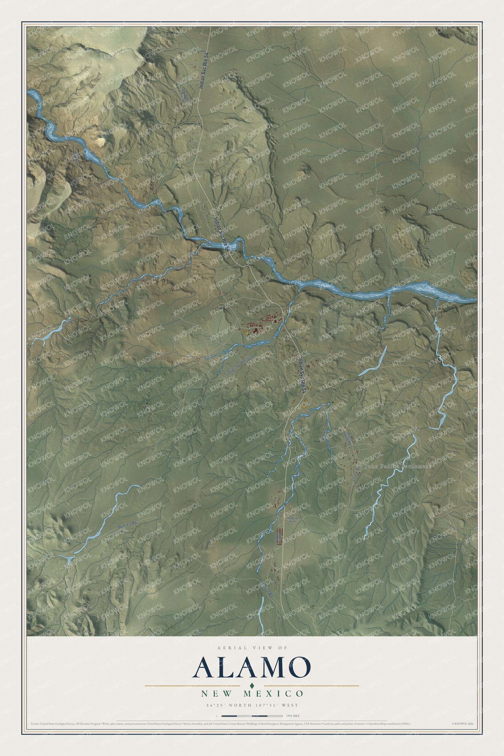 Full map of Alamo, New Mexico, with red buildings, printed street names and the land around them