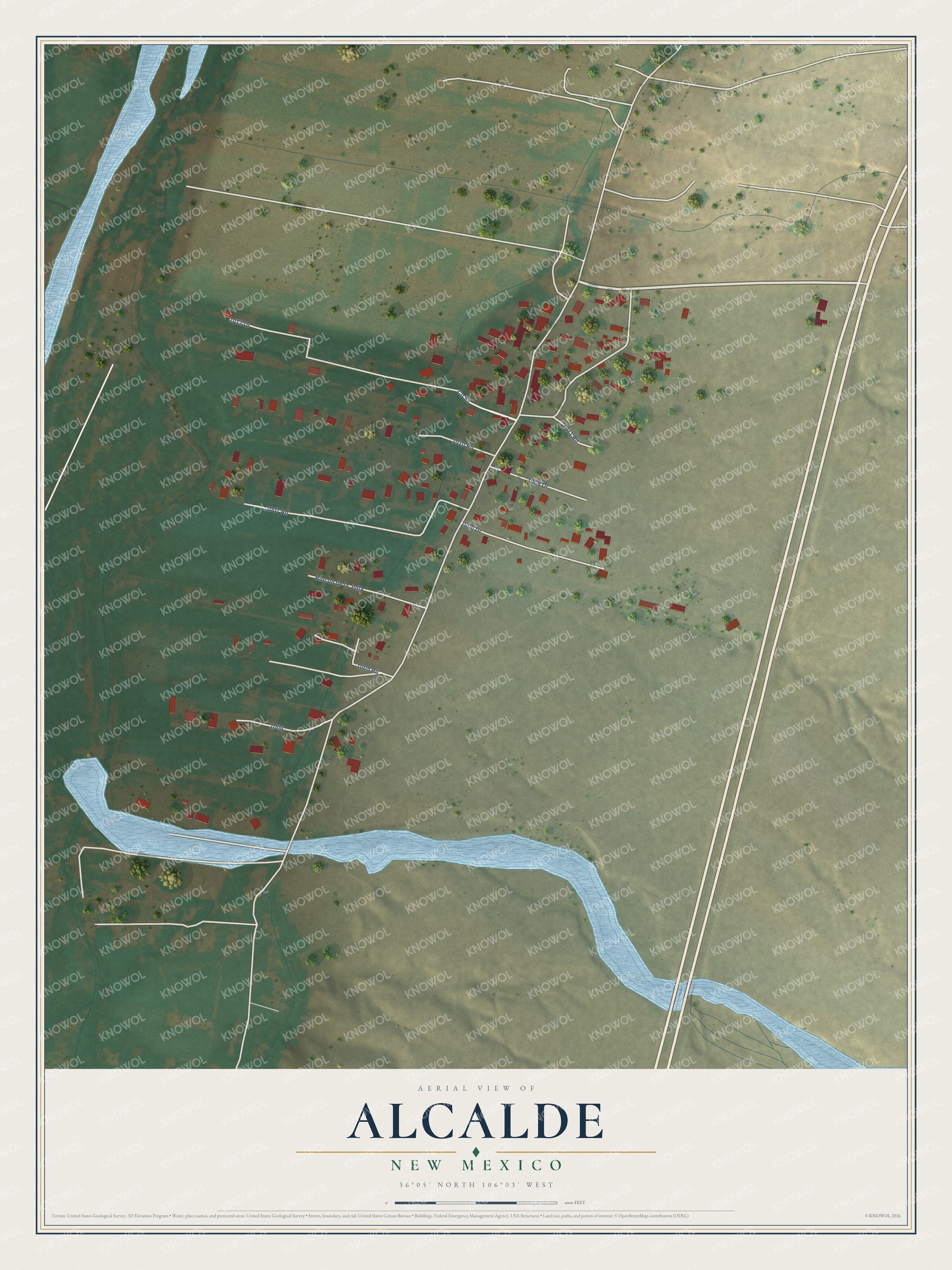 Full map of Alcalde, New Mexico, with red buildings, printed street names and the land around them