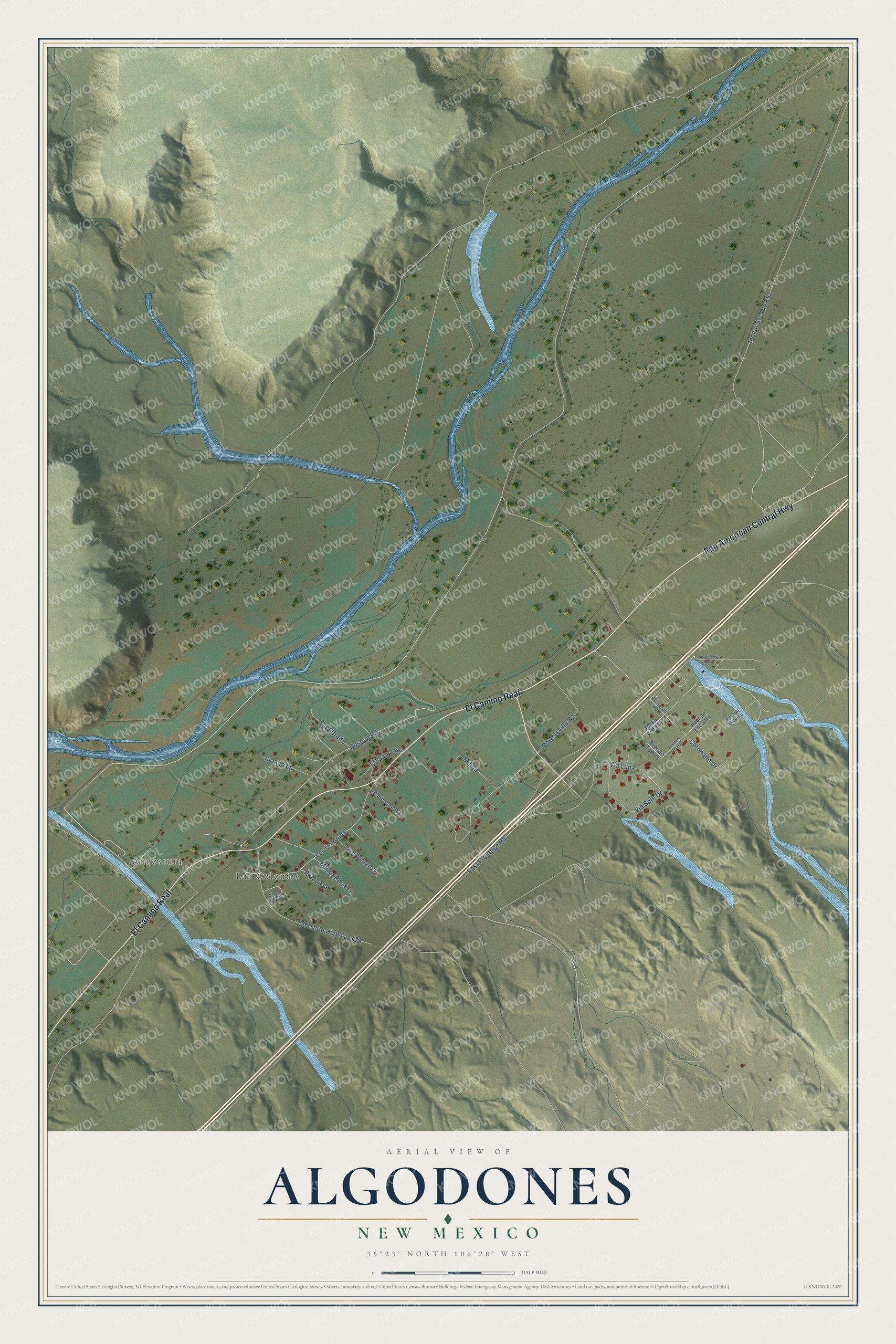 Full map of Algodones, New Mexico, with red buildings, printed street names and the land around them
