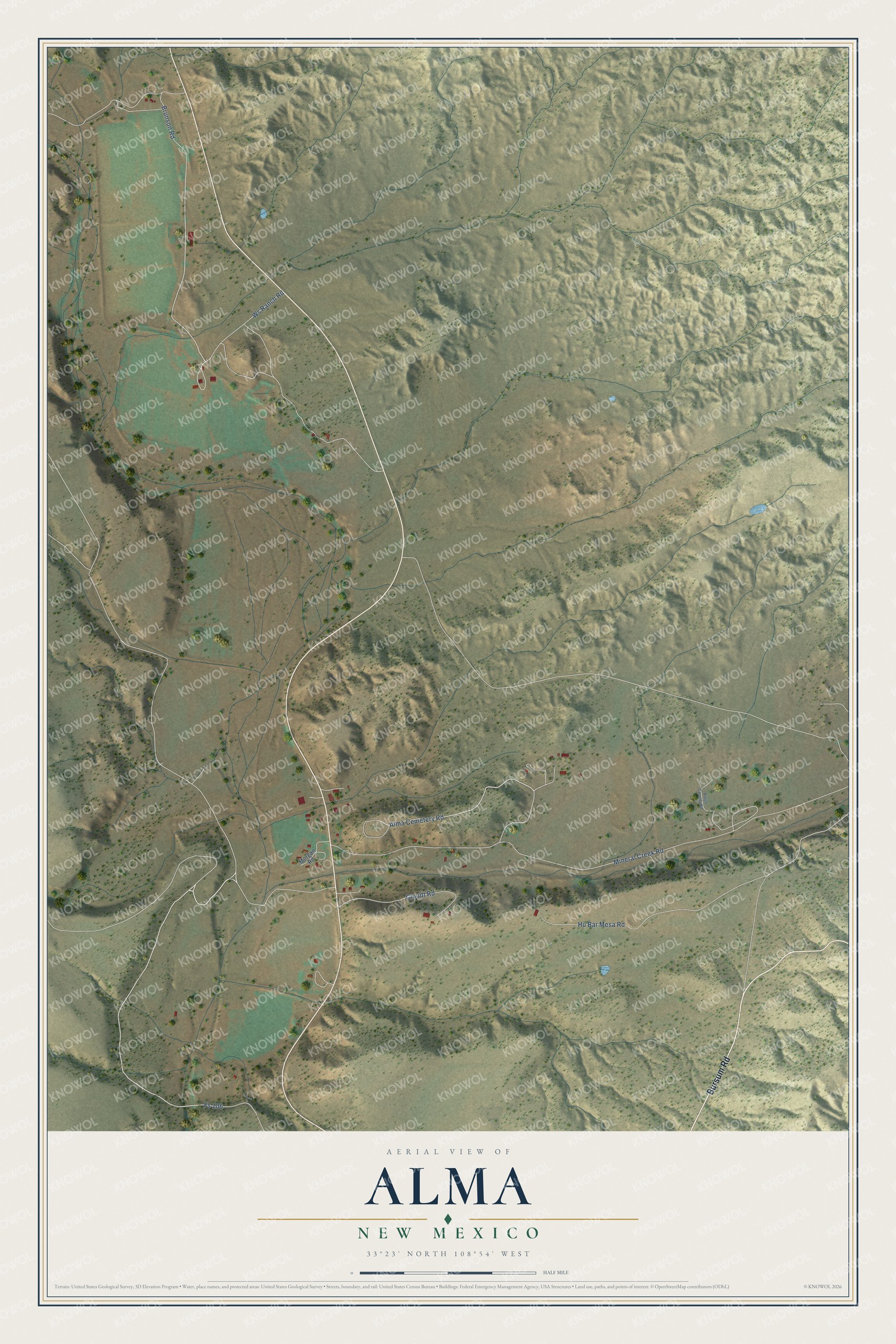 Full map of Alma, New Mexico, with red buildings, printed street names and the land around them