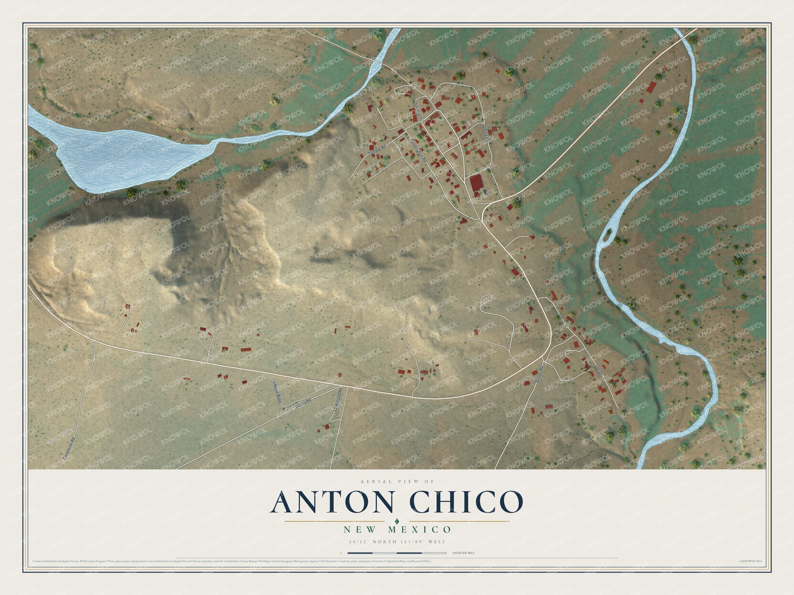 Full map of Anton Chico, New Mexico, with red buildings, printed street names and the land around them