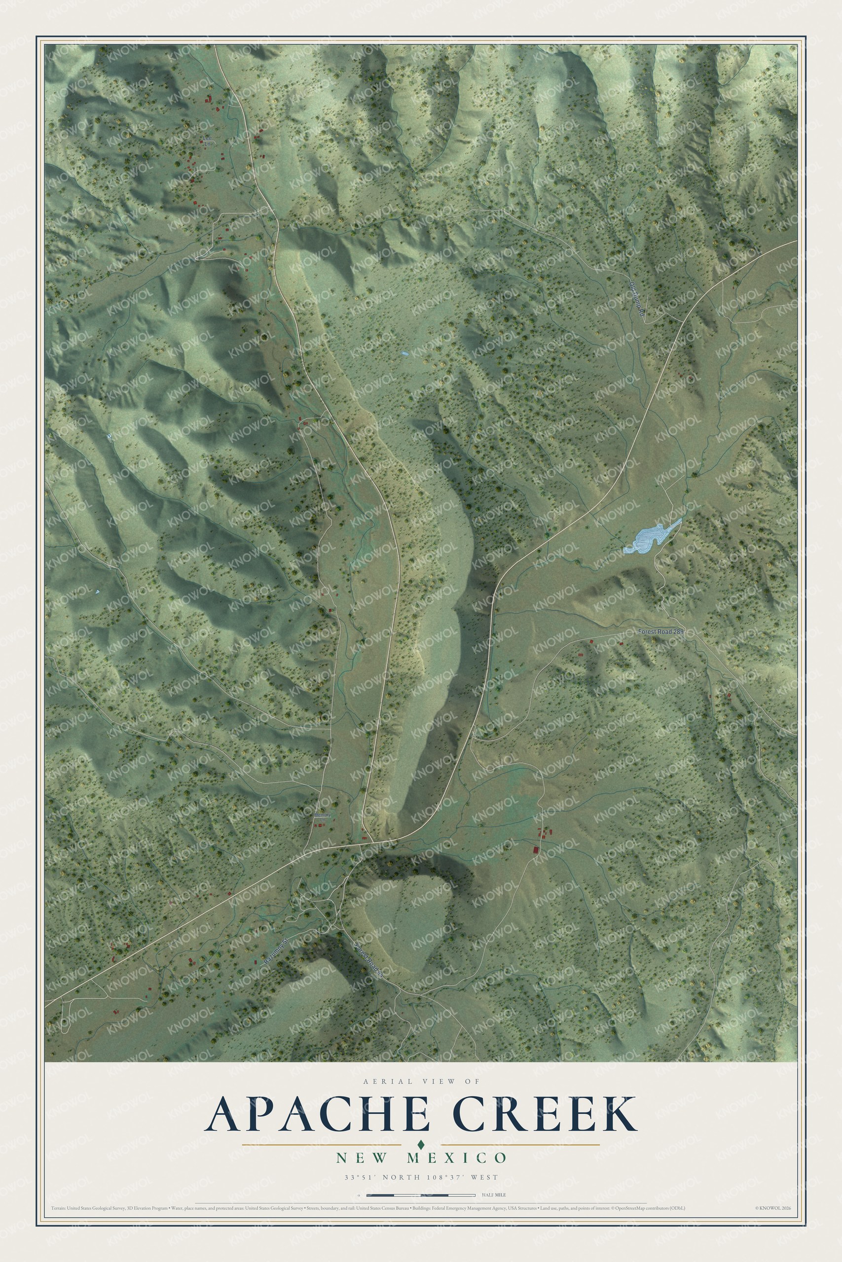 Full map of Apache Creek, New Mexico, with red buildings, printed street names and the land around them