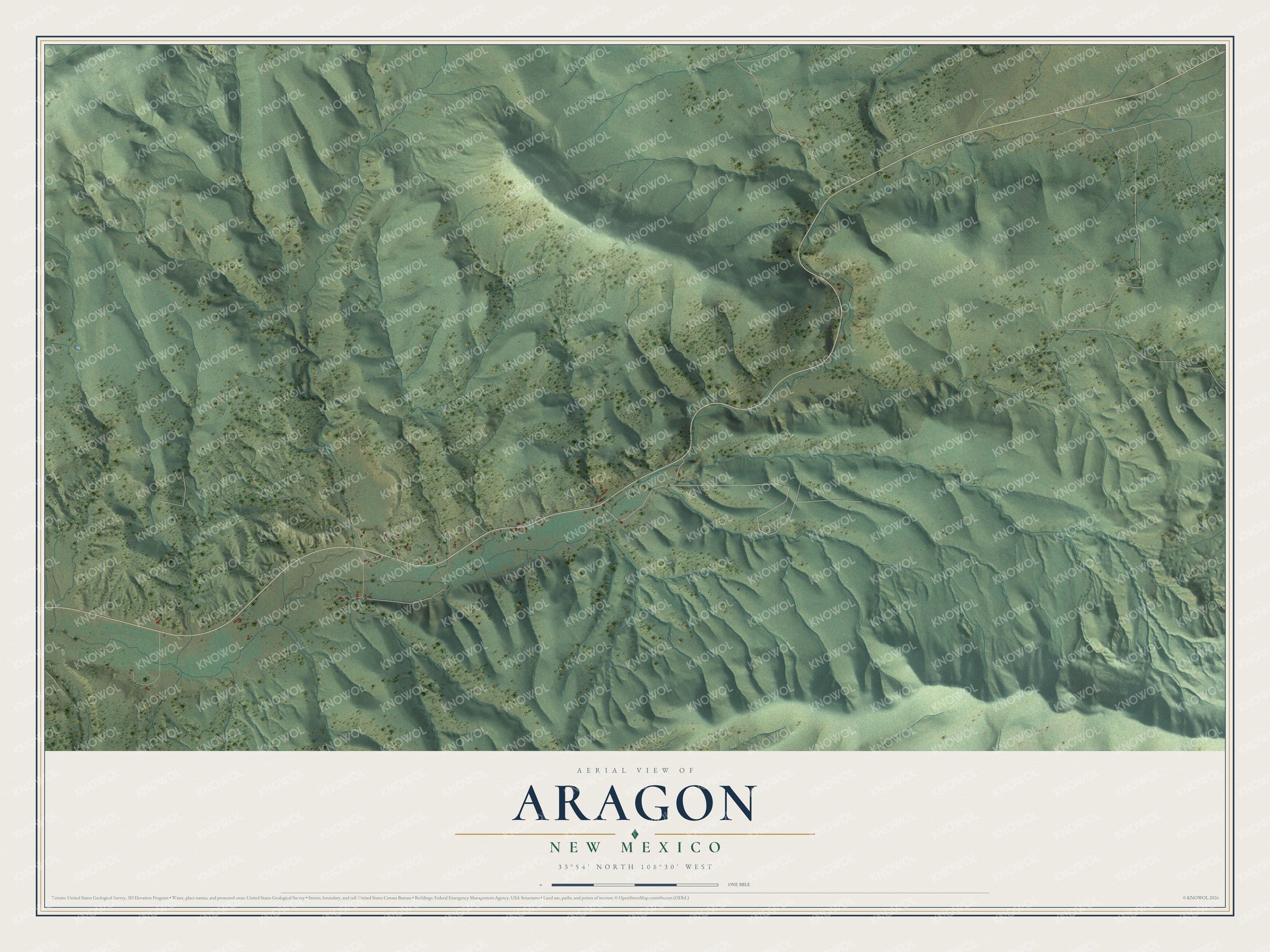Full map of Aragon, New Mexico, with red buildings, printed street names and the land around them