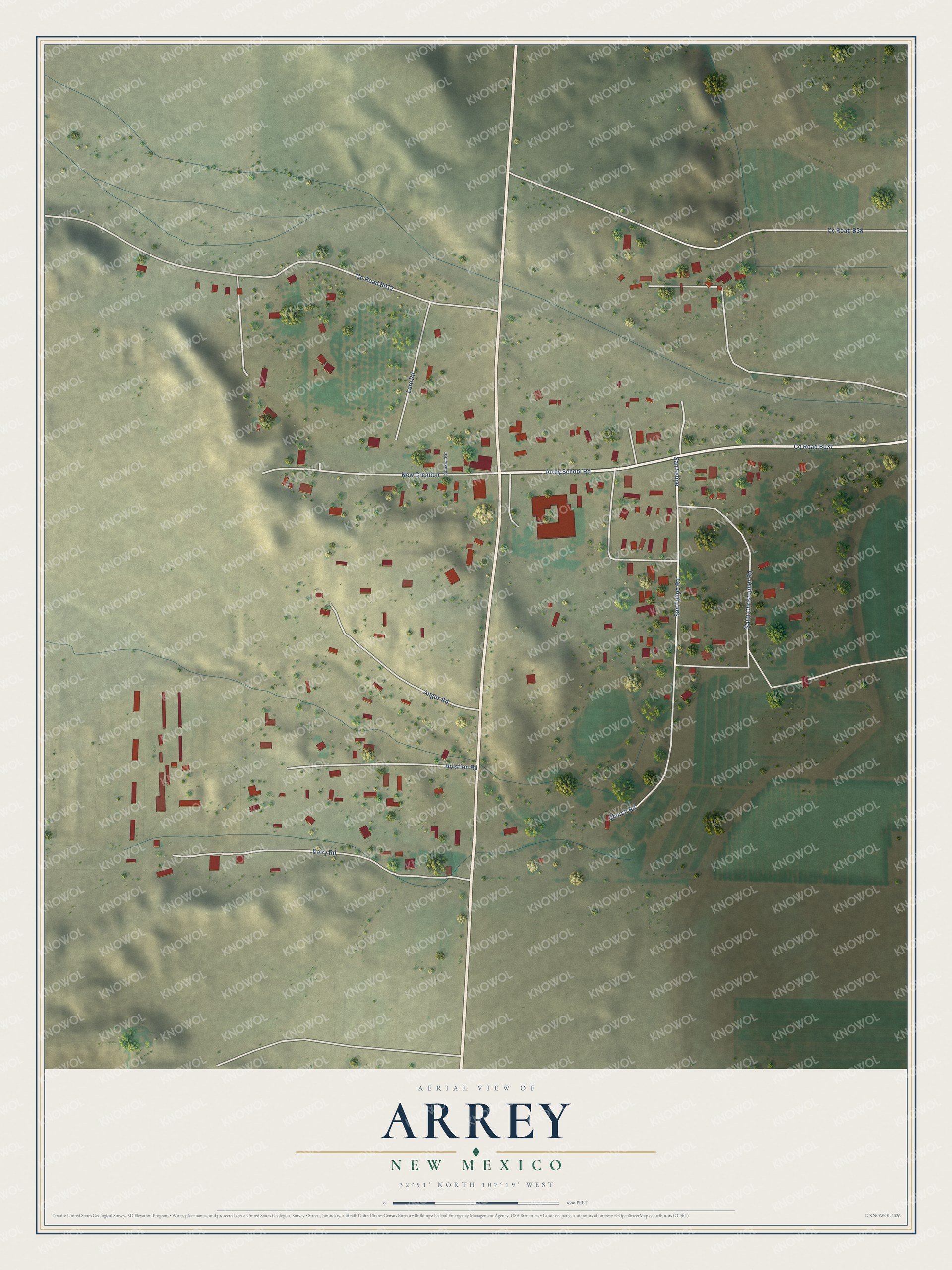 Full map of Arrey, New Mexico, with red buildings, printed street names and the land around them