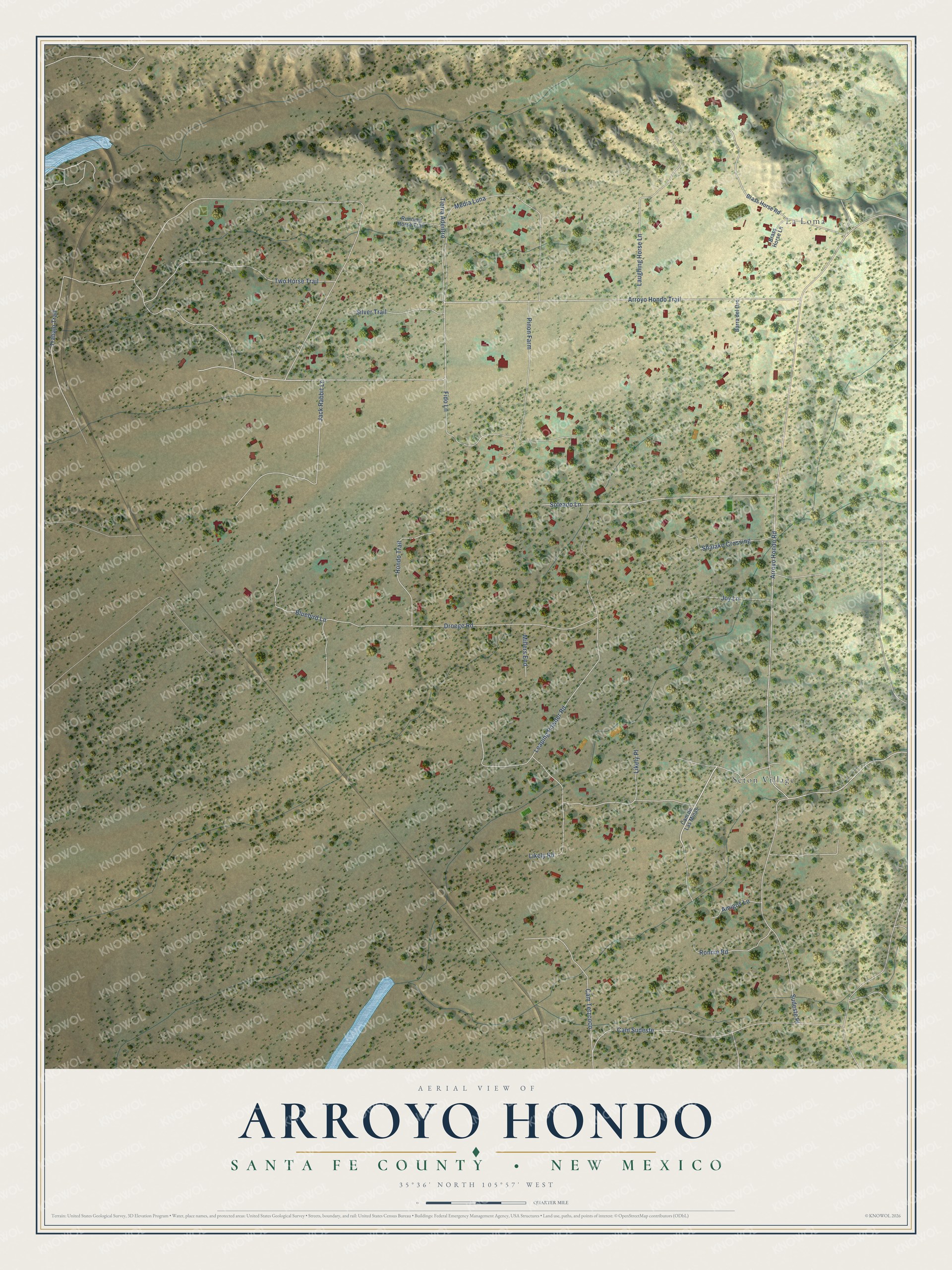 Full map of Arroyo Hondo, New Mexico, with red buildings, printed street names and the land around them