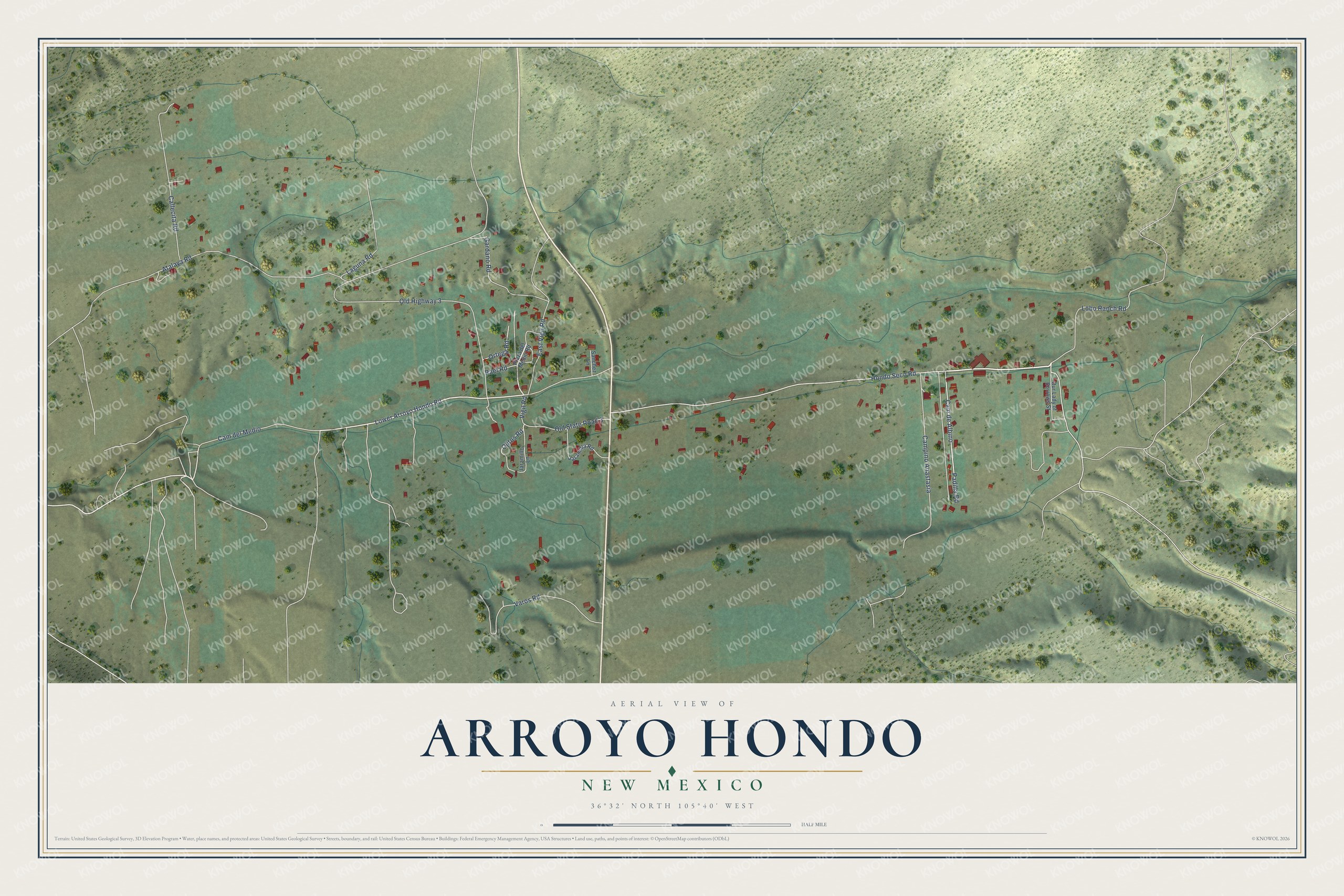 Full map of Arroyo Hondo, New Mexico, with red buildings, printed street names and the land around them