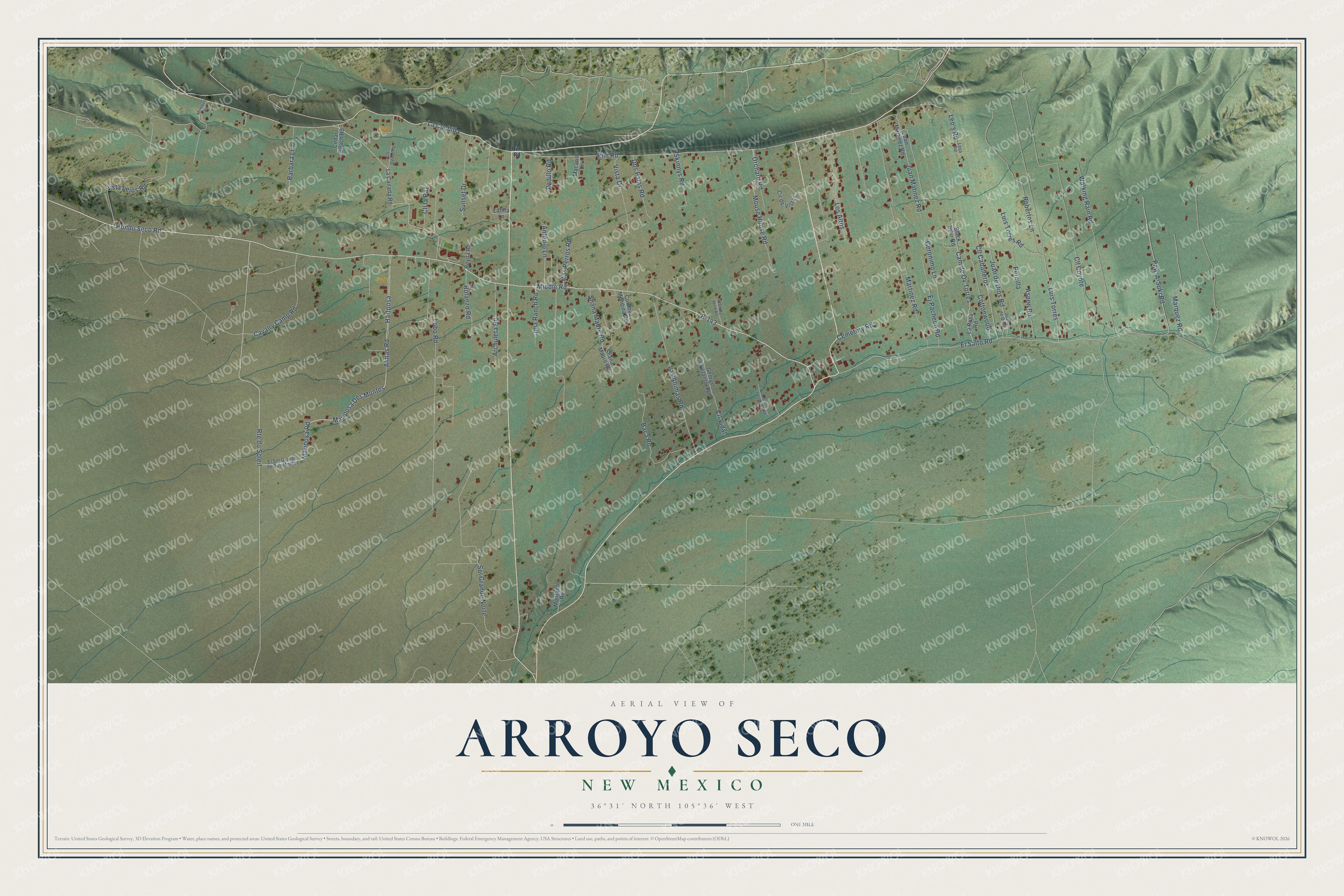 Full map of Arroyo Seco, New Mexico, with red buildings, printed street names and the land around them