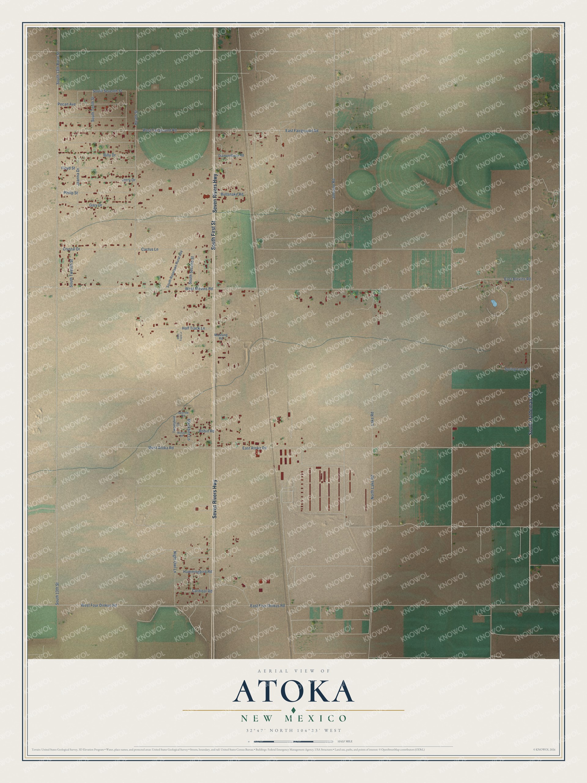 Full map of Atoka, New Mexico, with red buildings, printed street names and the land around them