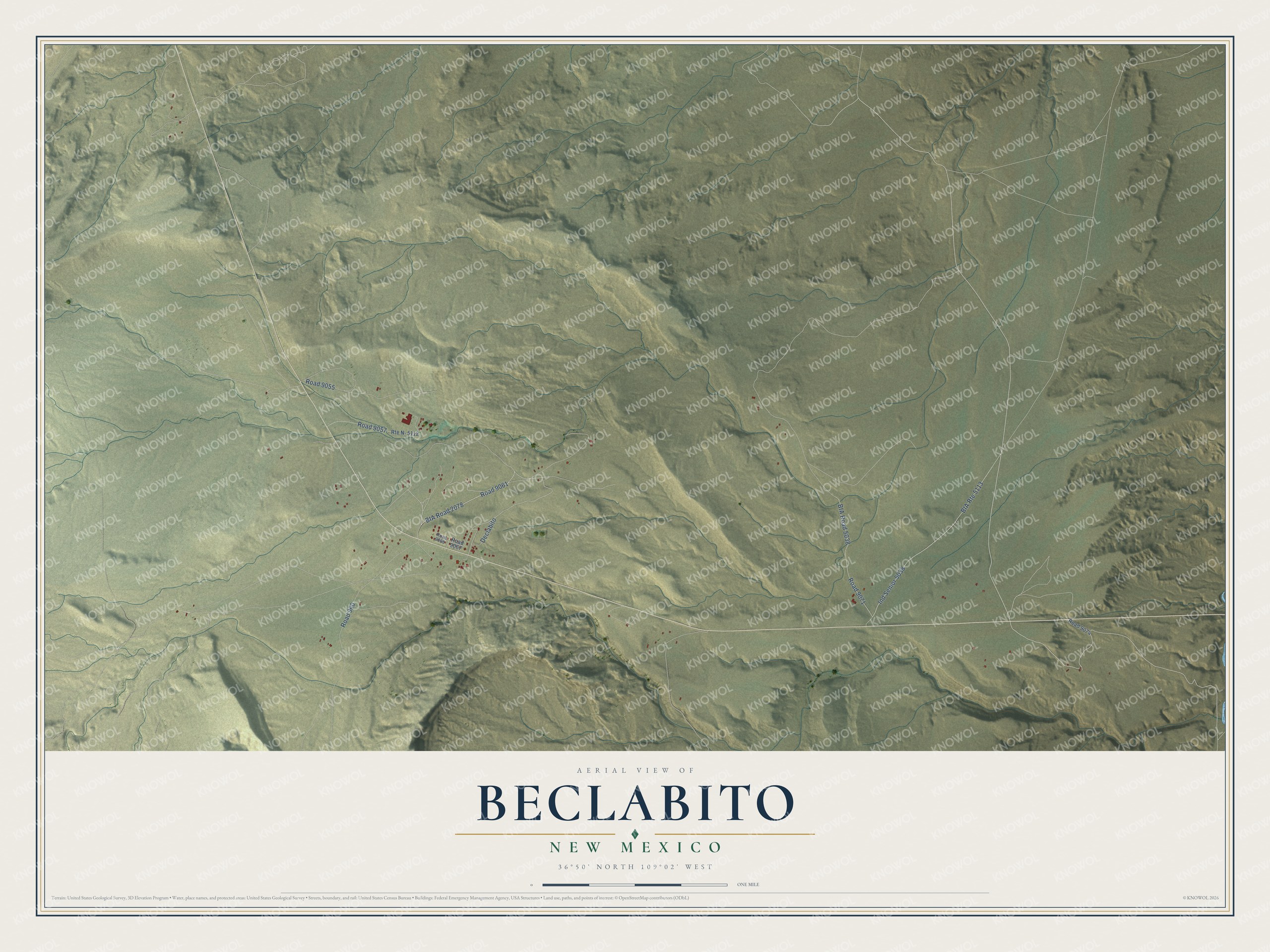 Full map of Beclabito, New Mexico, with red buildings, printed street names and the land around them