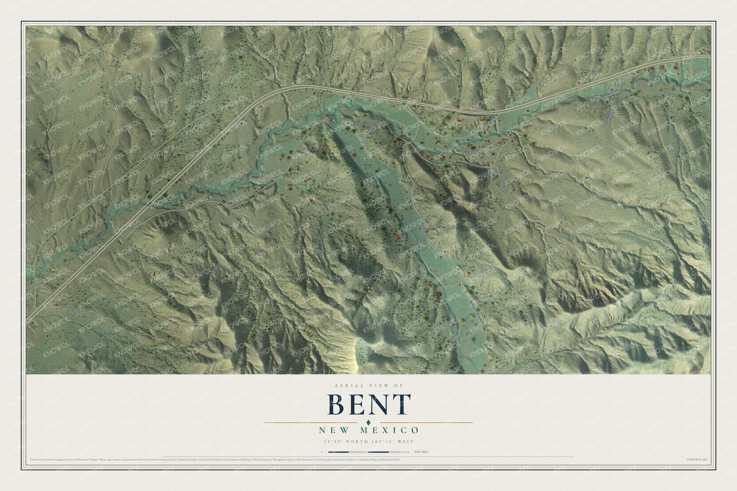 Full map of Bent, New Mexico, with red buildings, printed street names and the land around them
