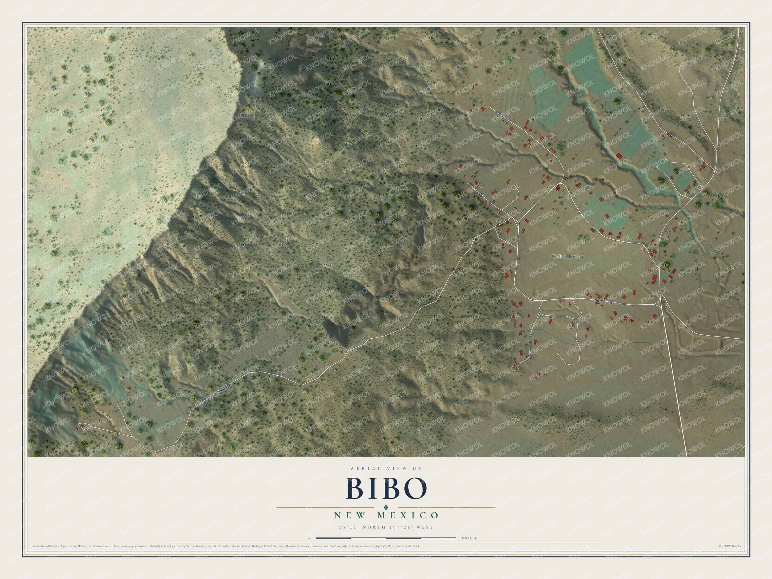 Full map of Bibo, New Mexico, with red buildings, printed street names and the land around them