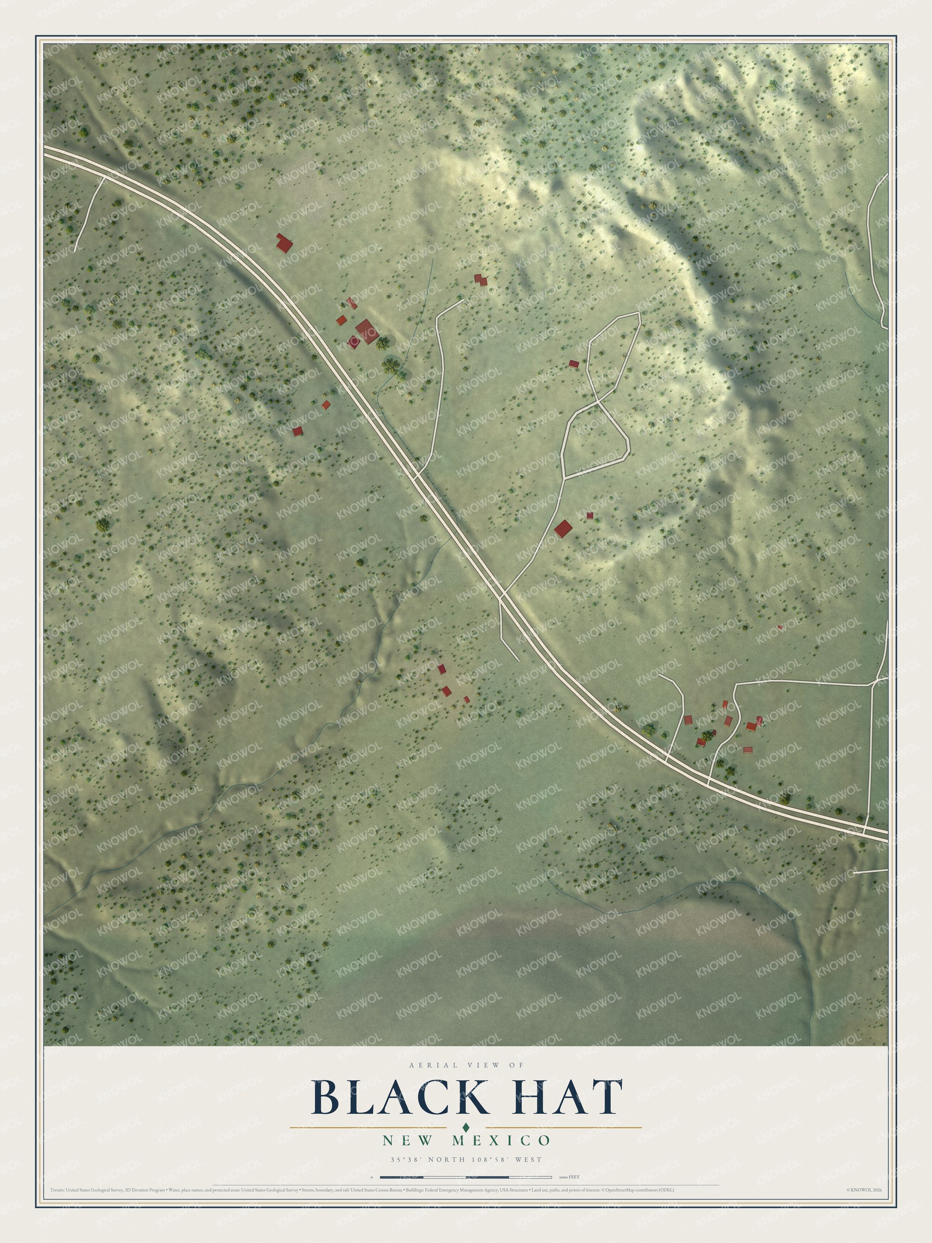 Full map of Black Hat, New Mexico, with red buildings, printed street names and the land around them