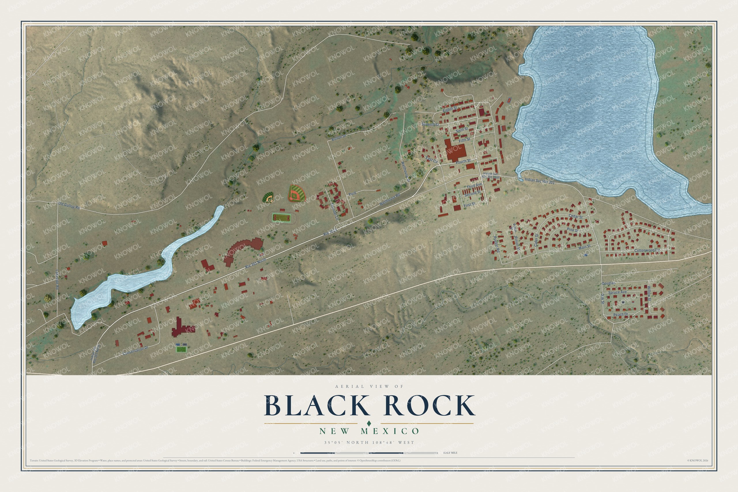 Full map of Black Rock, New Mexico, with red buildings, printed street names and the land around them