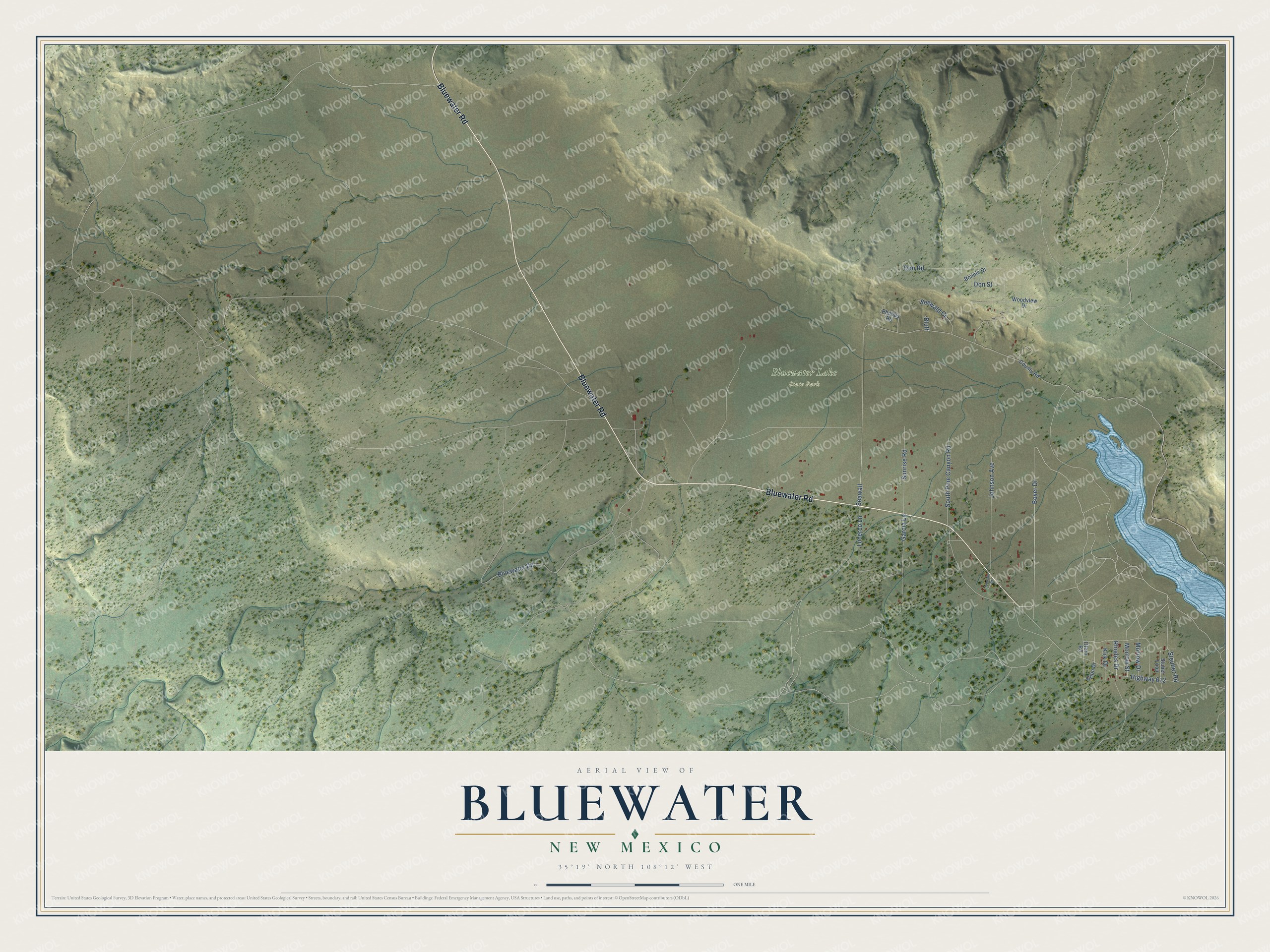 Full map of Bluewater, New Mexico, with red buildings, printed street names and the land around them