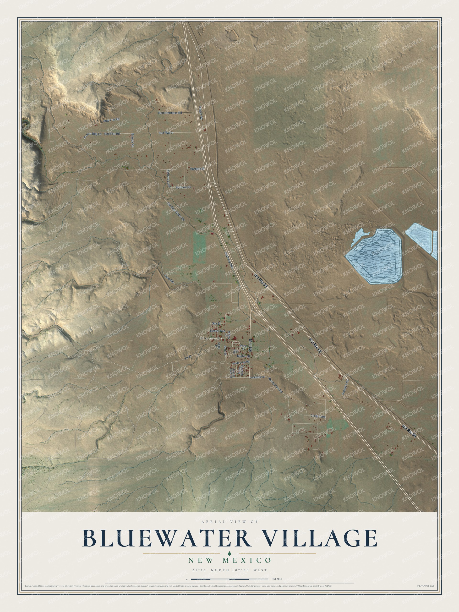 Full map of Bluewater Village, New Mexico, with red buildings, printed street names and the land around them