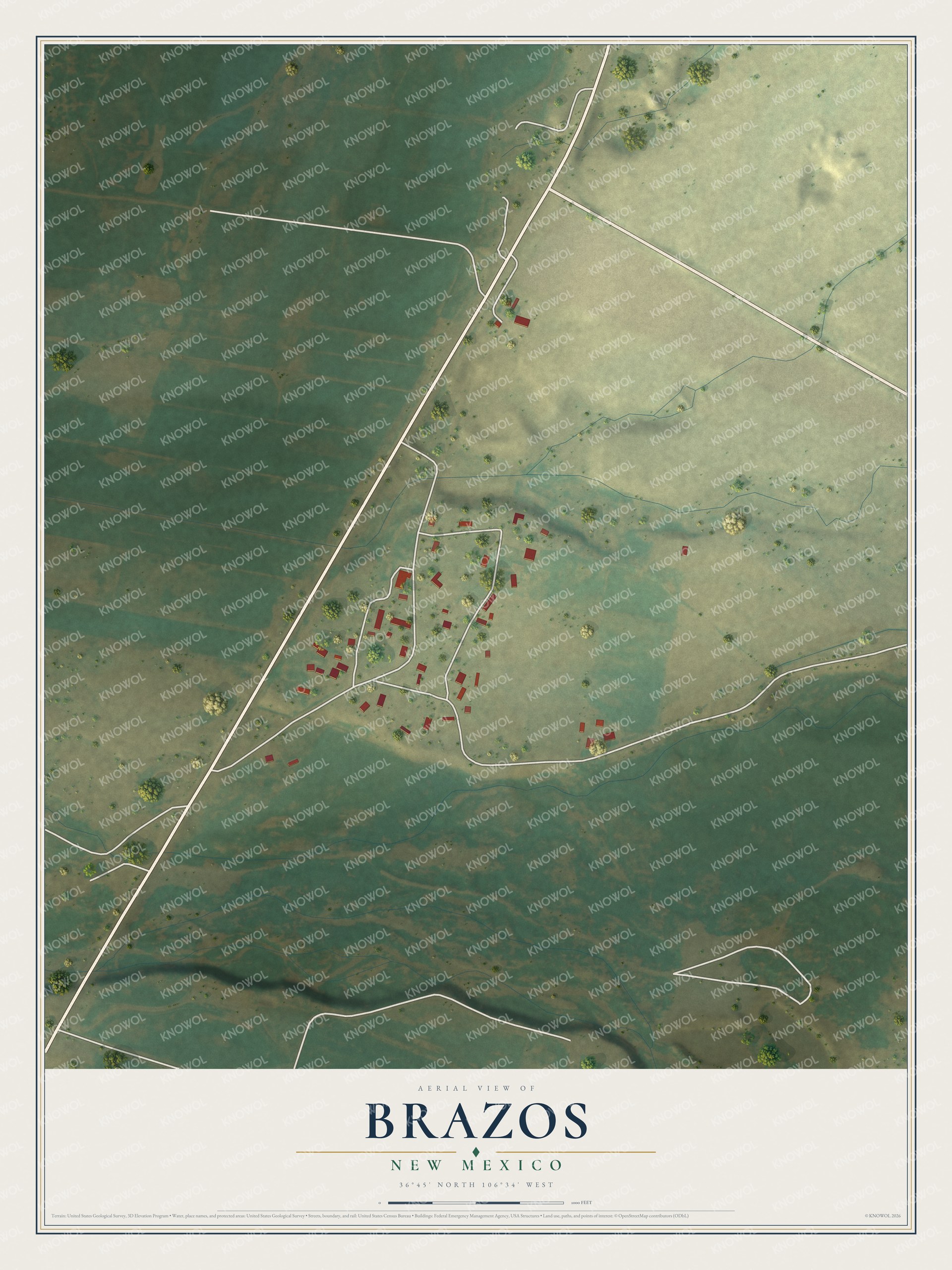 Full map of Brazos, New Mexico, with red buildings, printed street names and the land around them
