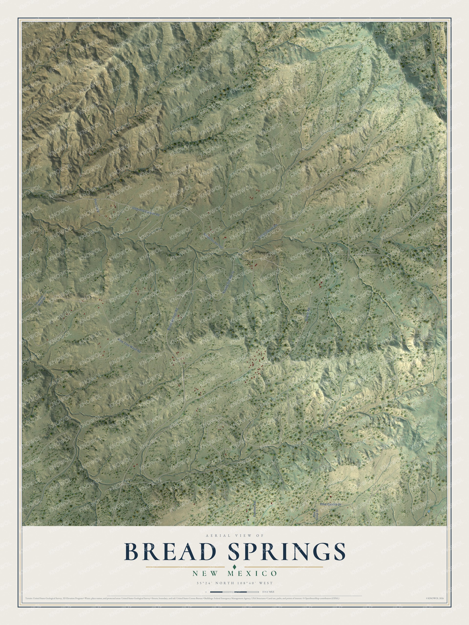 Full map of Bread Springs, New Mexico, with red buildings, printed street names and the land around them