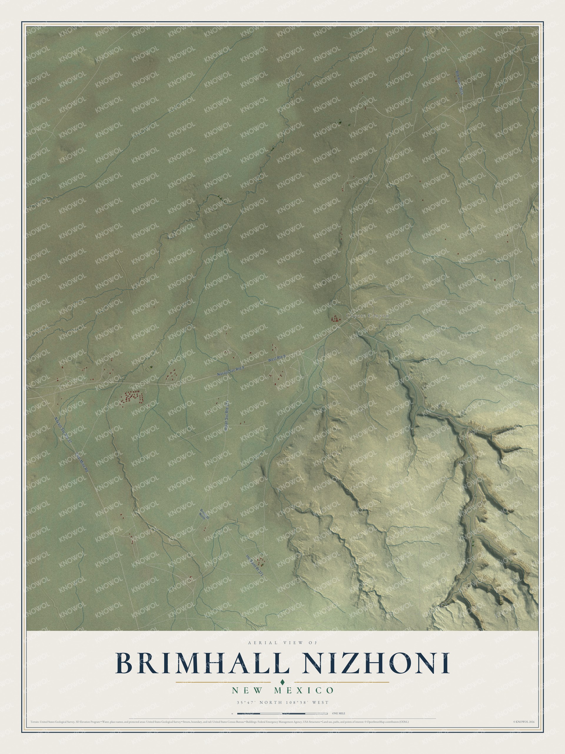 Full map of Brimhall Nizhoni, New Mexico, with red buildings, printed street names and the land around them
