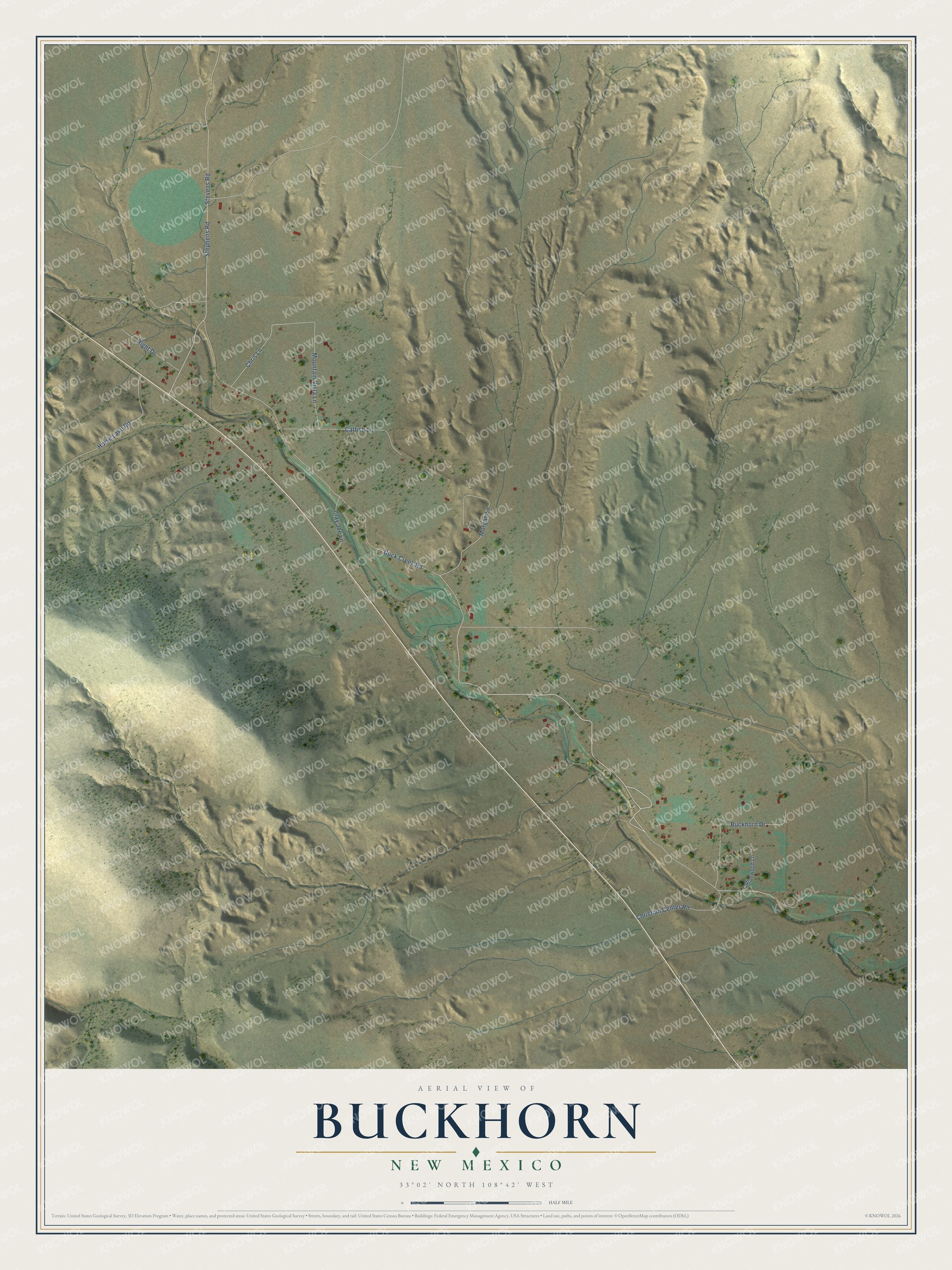 Full map of Buckhorn, New Mexico, with red buildings, printed street names and the land around them