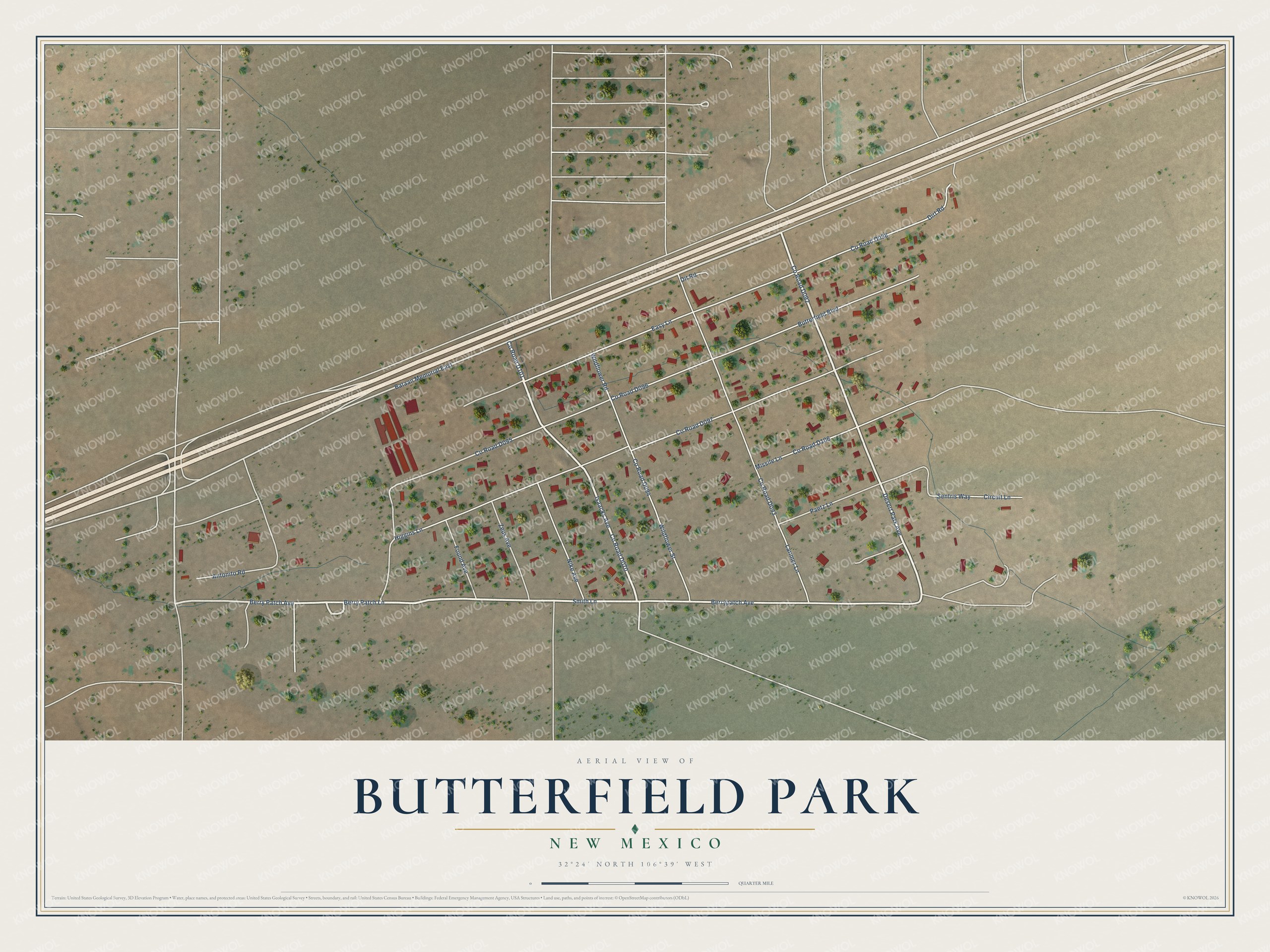 Full map of Butterfield Park, New Mexico, with red buildings, printed street names and the land around them