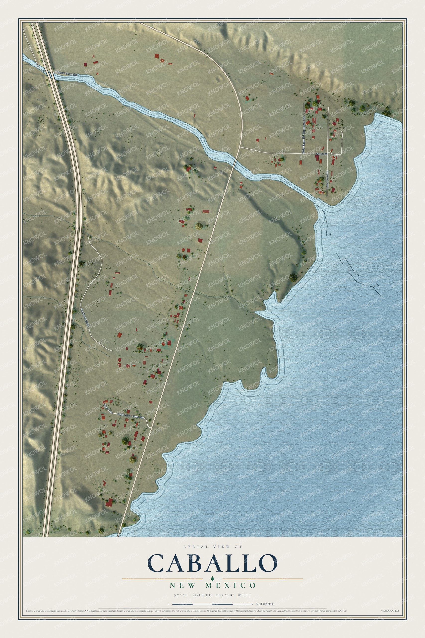 Full map of Caballo, New Mexico, with red buildings, printed street names and the land around them