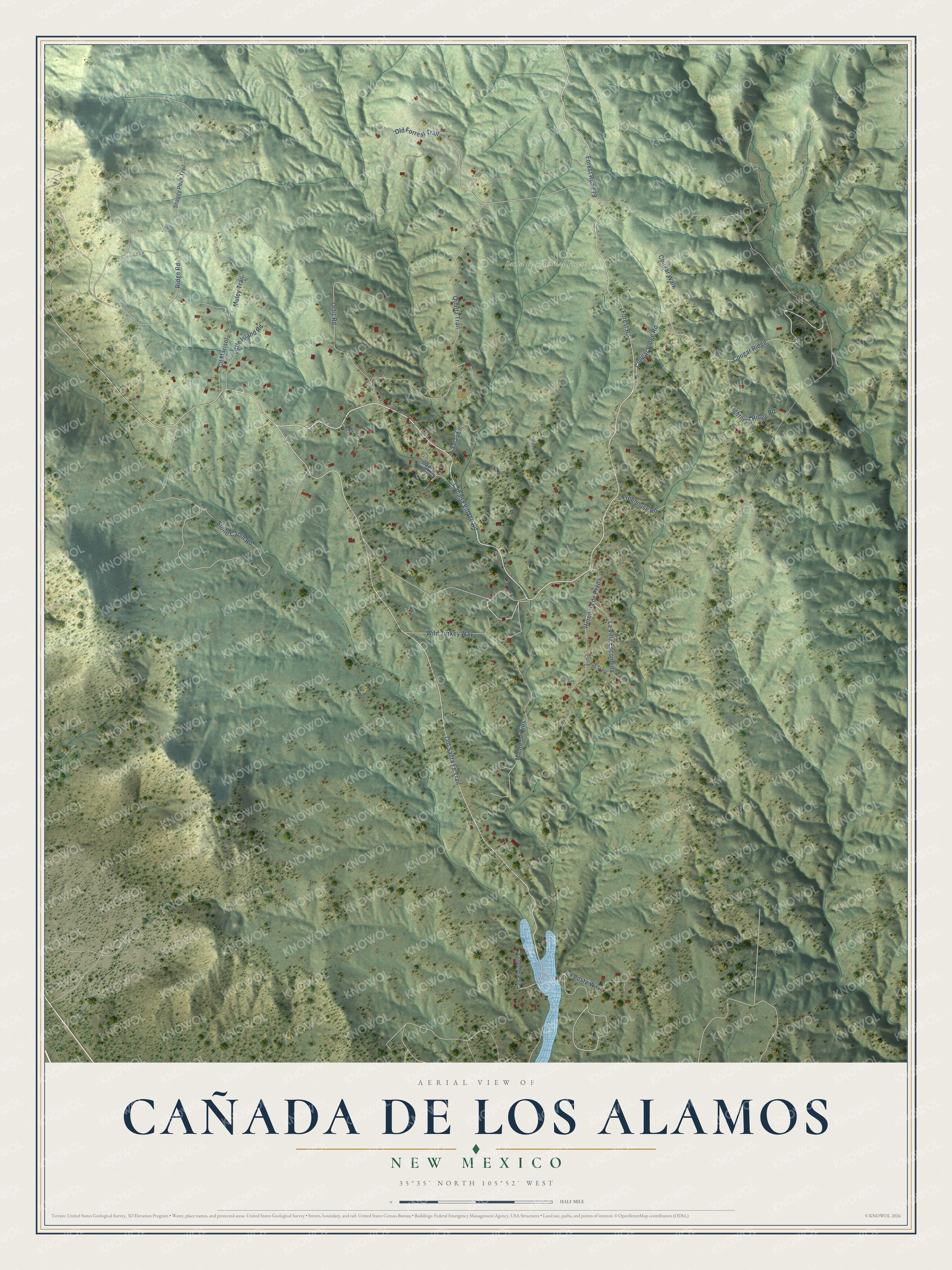 Full map of Cañada de los Alamos, New Mexico, with red buildings, printed street names and the land around them