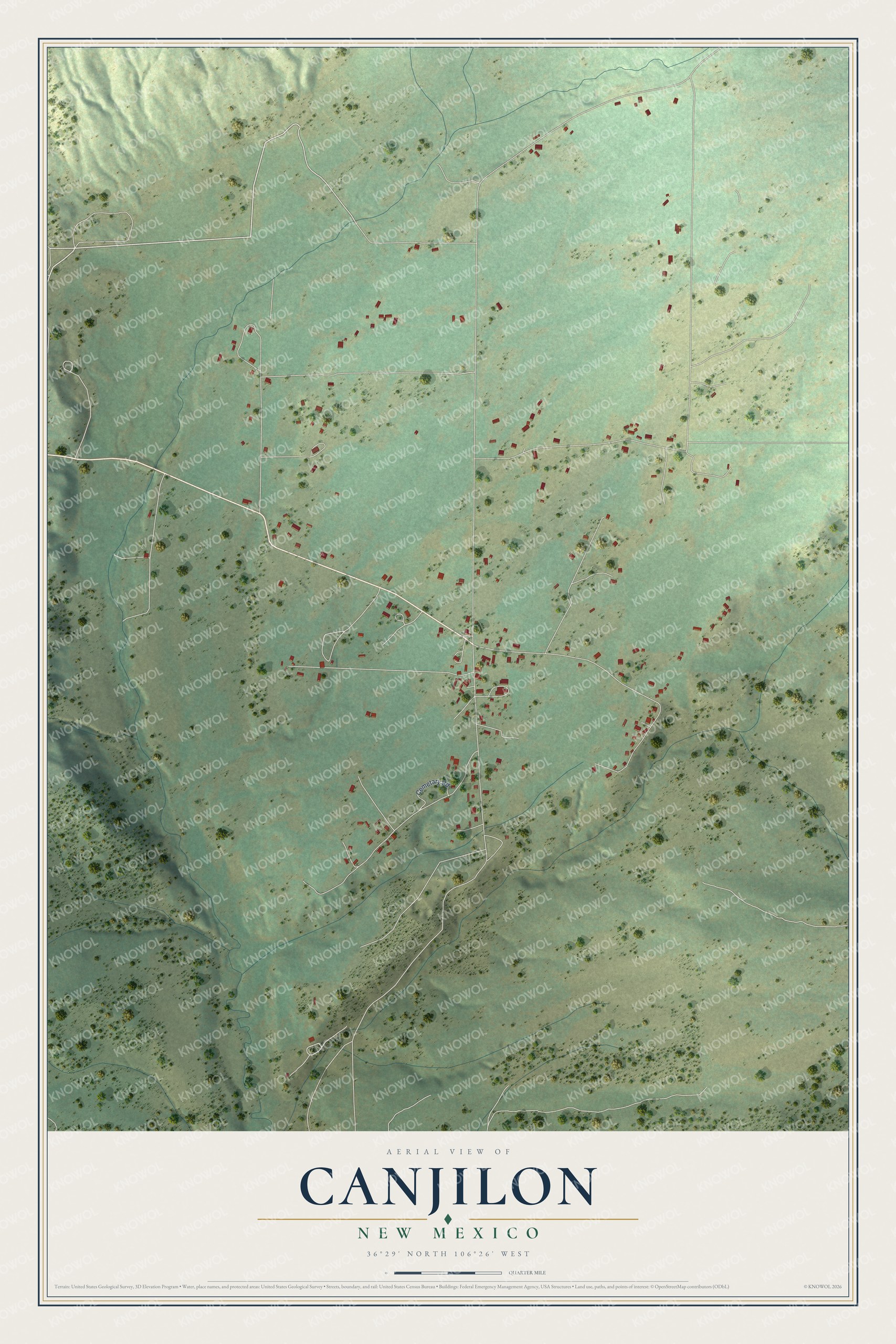 Full map of Canjilon, New Mexico, with red buildings, printed street names and the land around them