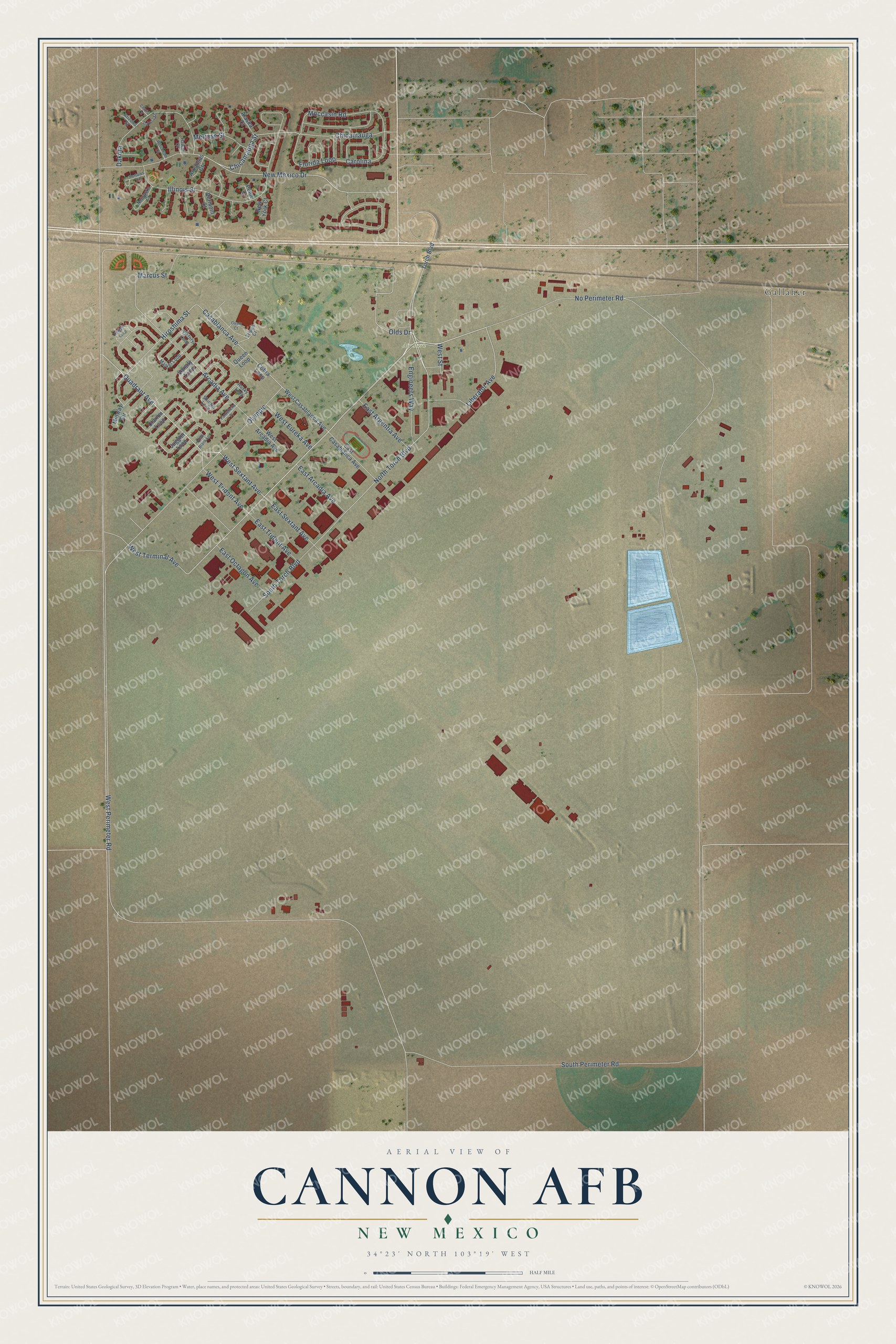 Full map of Cannon AFB, New Mexico, with red buildings, printed street names and the land around them