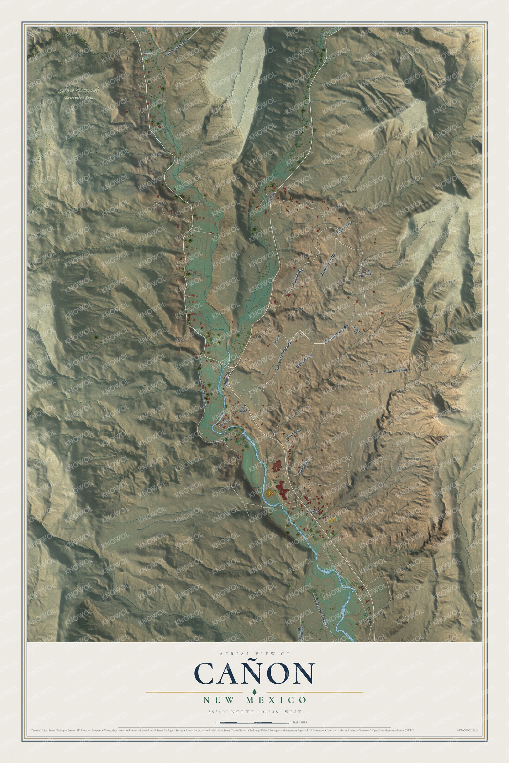 Full map of Cañon, New Mexico, with red buildings, printed street names and the land around them