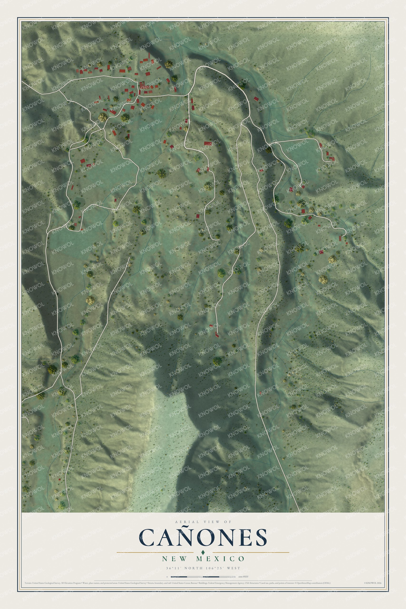 Full map of Cañones, New Mexico, with red buildings, printed street names and the land around them
