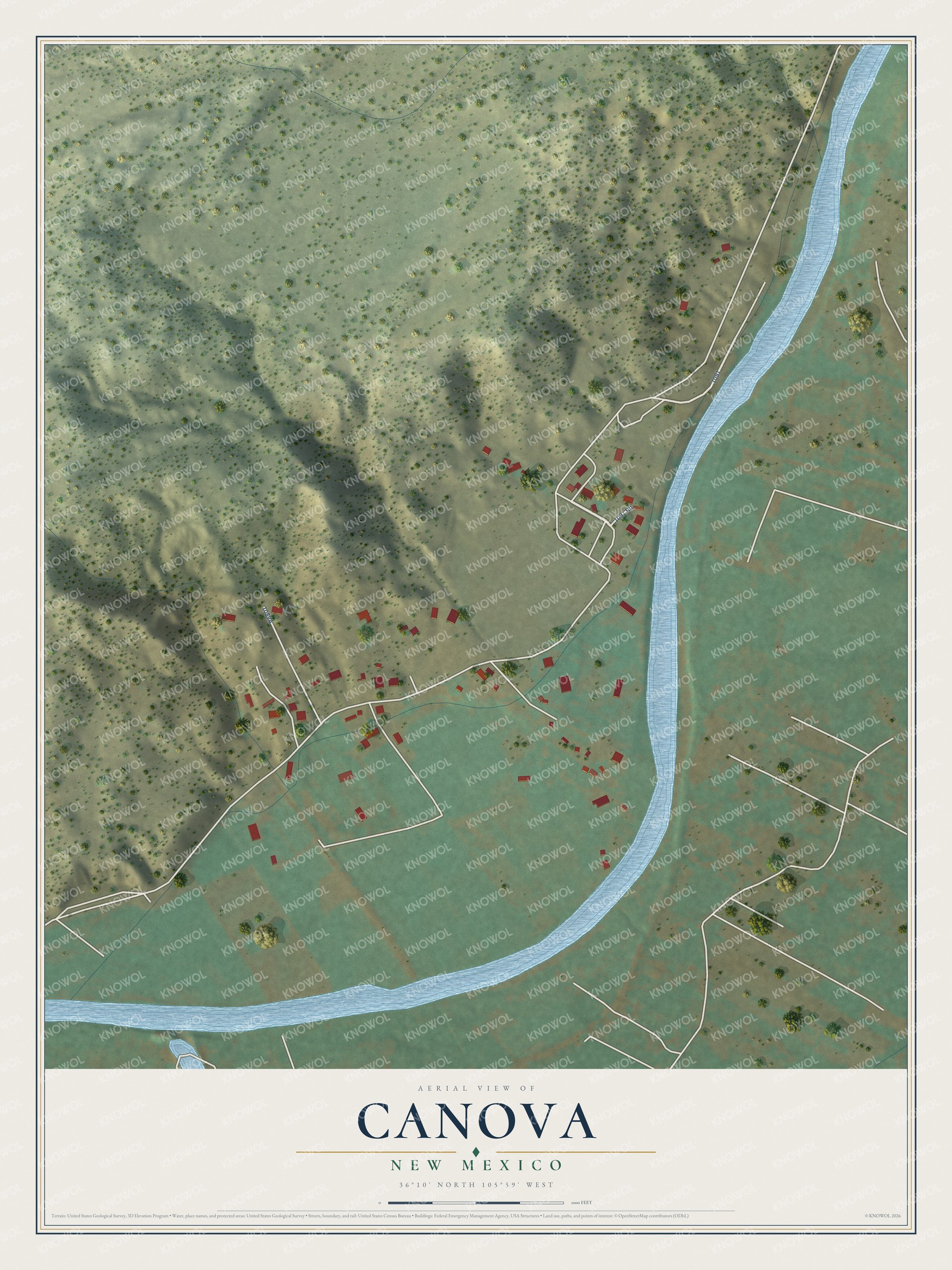 Full map of Canova, New Mexico, with red buildings, printed street names and the land around them