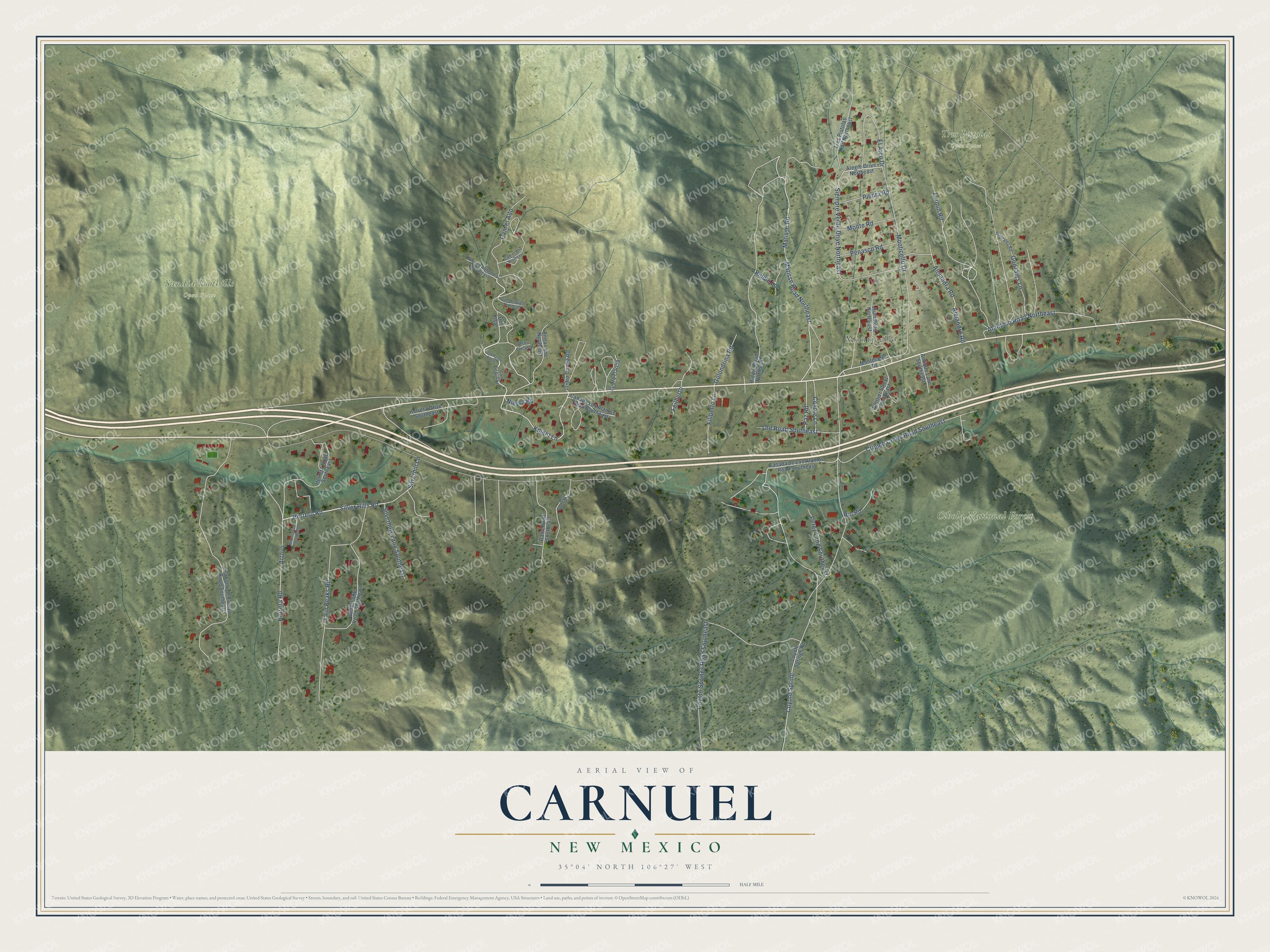 Full map of Carnuel, New Mexico, with red buildings, printed street names and the land around them