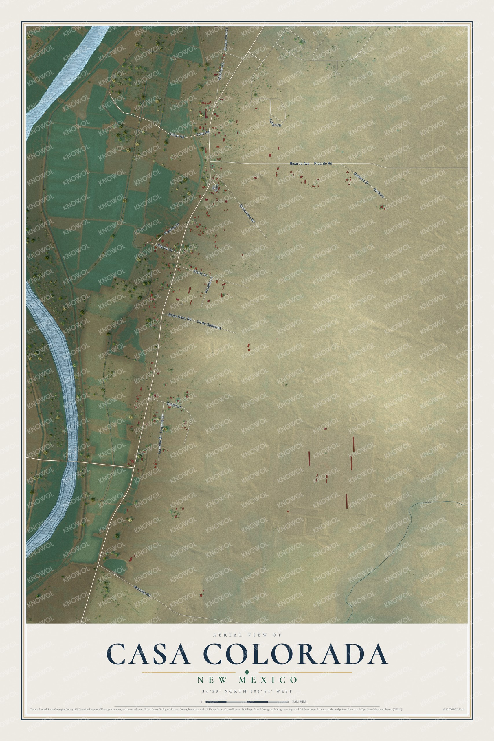 Full map of Casa Colorada, New Mexico, with red buildings, printed street names and the land around them