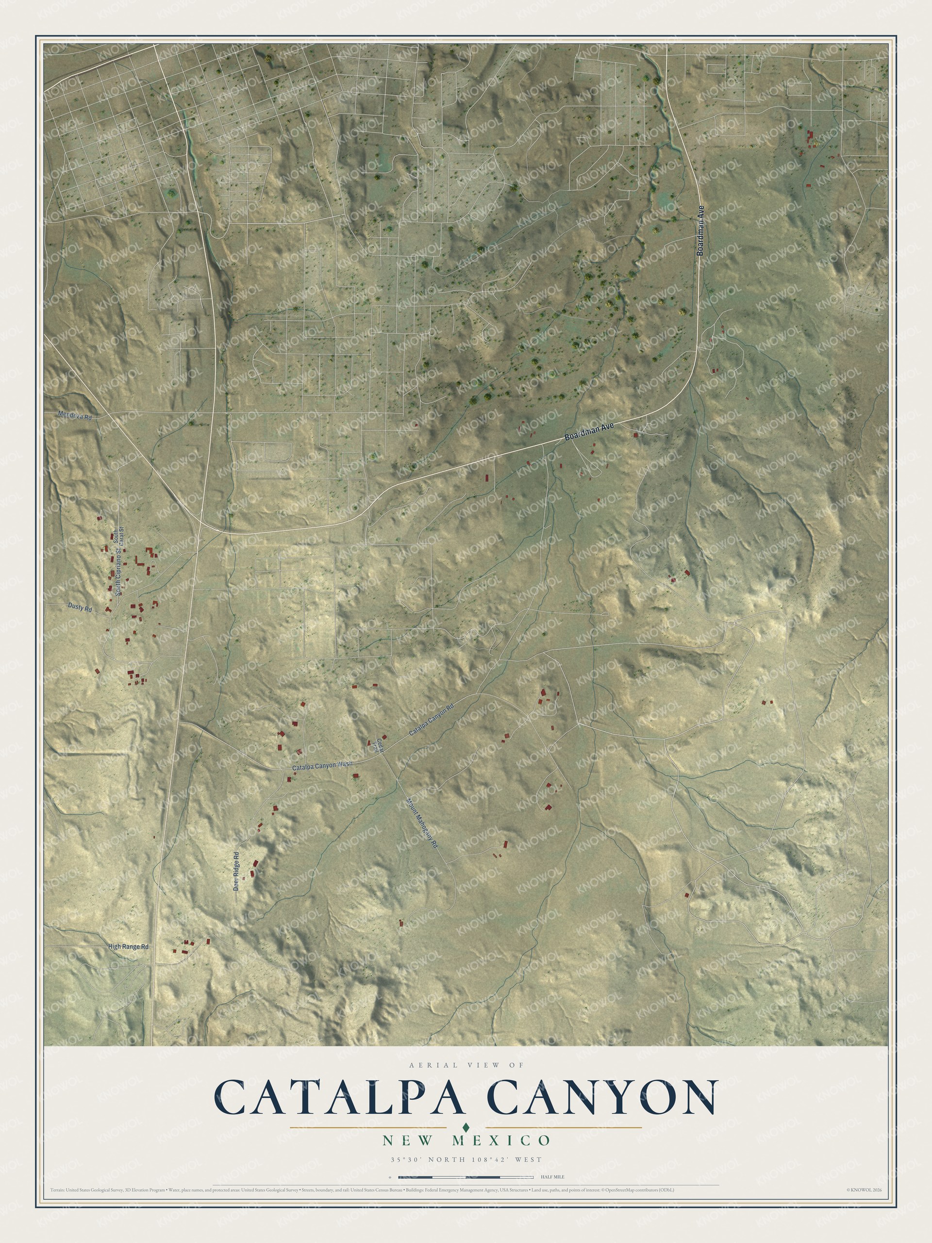 Full map of Catalpa Canyon, New Mexico, with red buildings, printed street names and the land around them