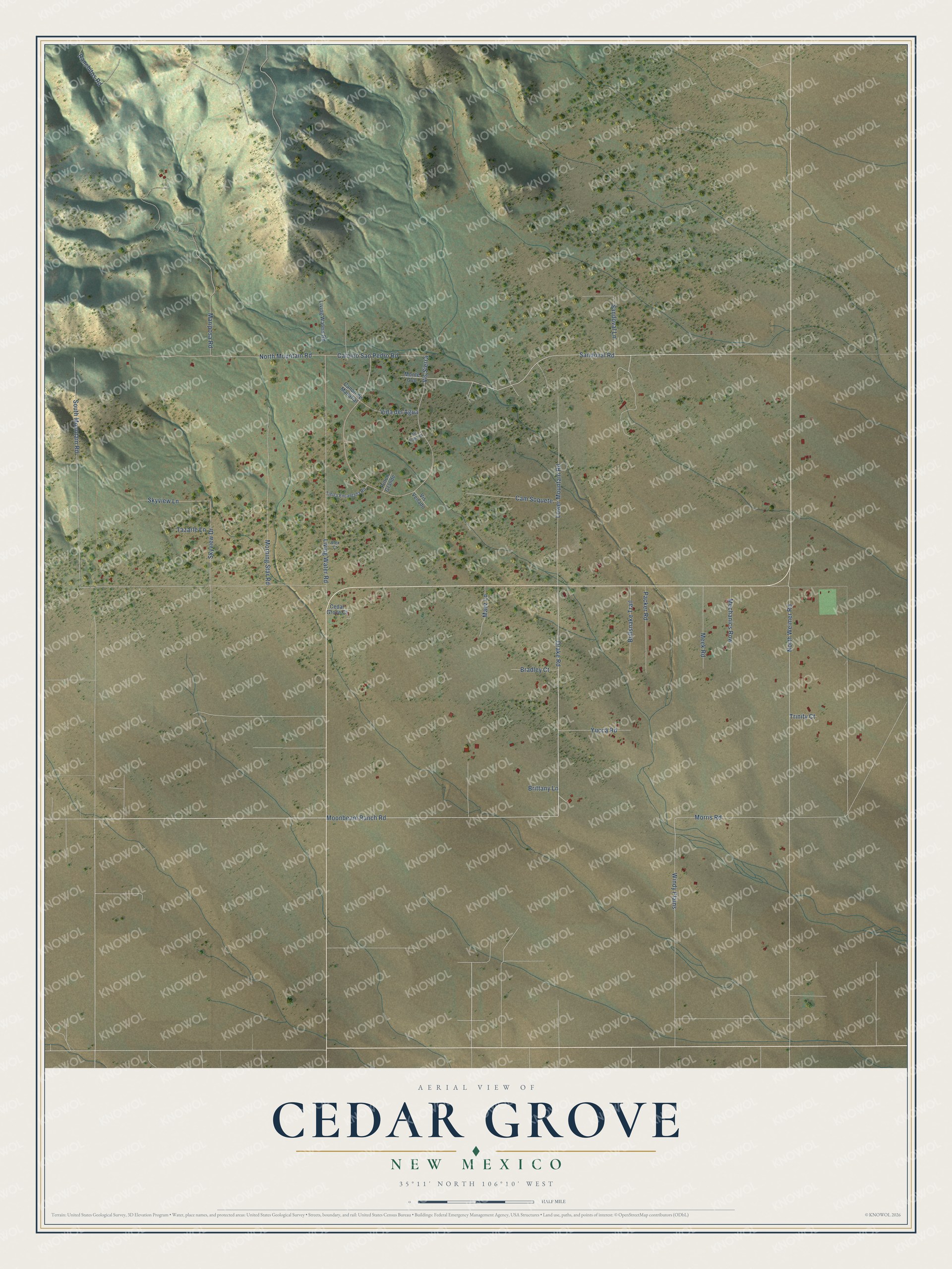 Full map of Cedar Grove, New Mexico, with red buildings, printed street names and the land around them