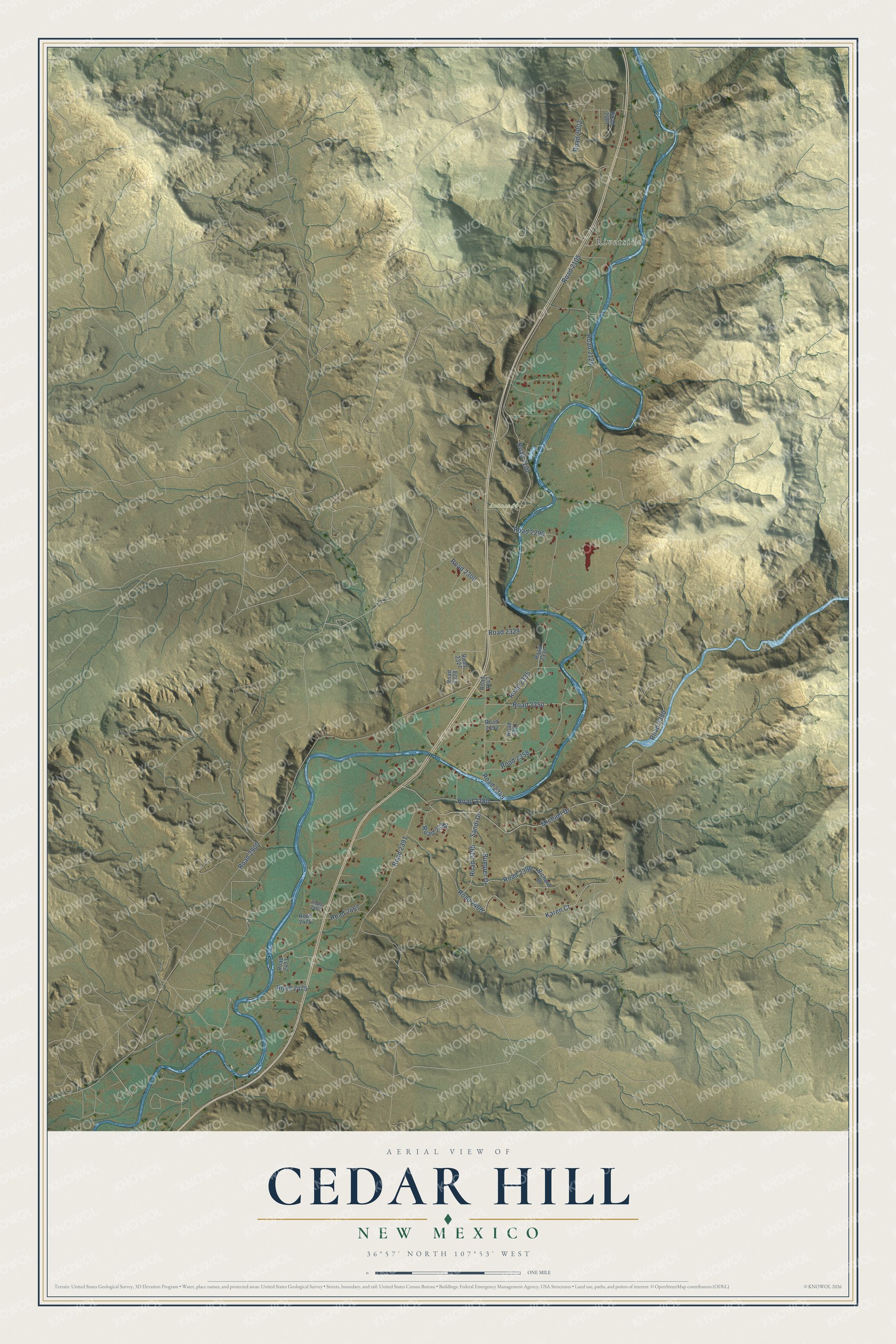 Full map of Cedar Hill, New Mexico, with red buildings, printed street names and the land around them