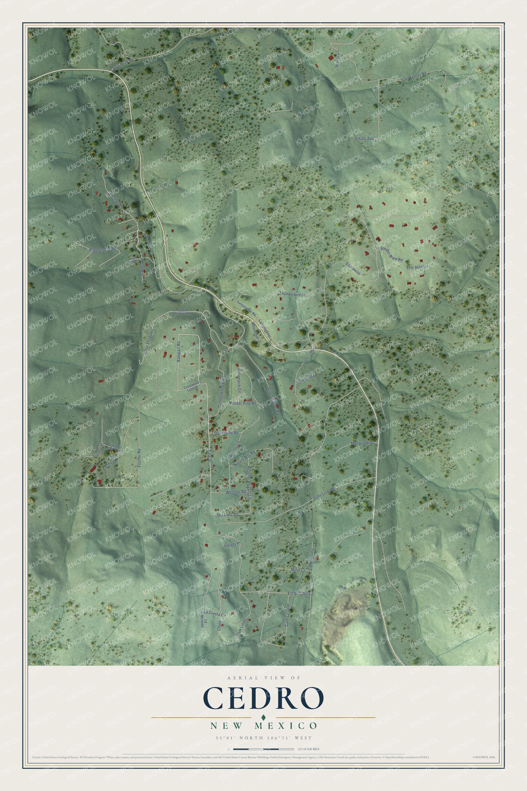 Full map of Cedro, New Mexico, with red buildings, printed street names and the land around them