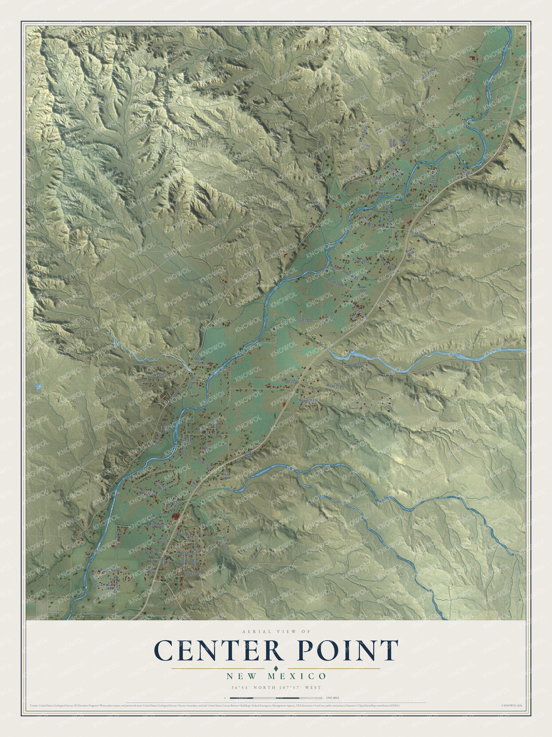 Full map of Center Point, New Mexico, with red buildings, printed street names and the land around them