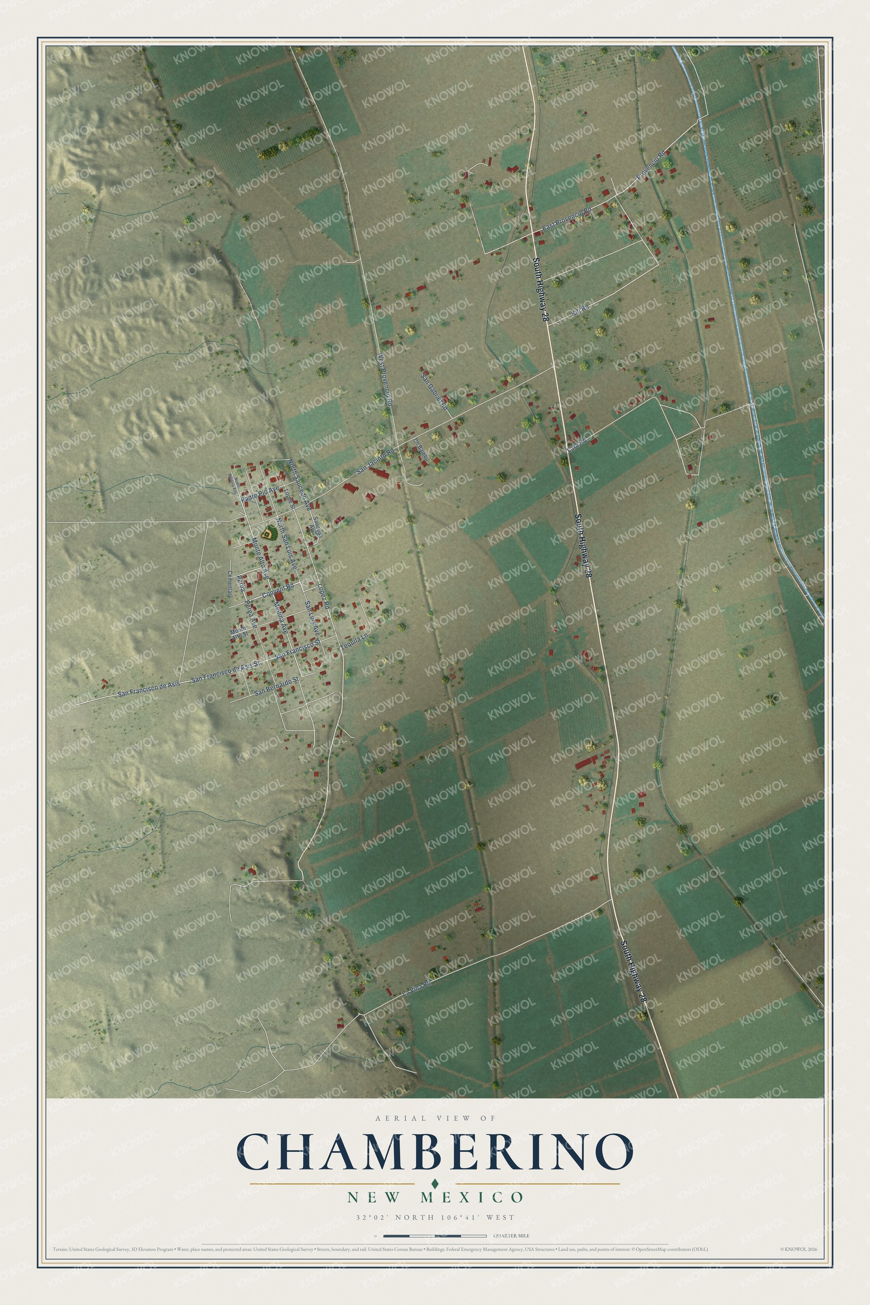 Full map of Chamberino, New Mexico, with red buildings, printed street names and the land around them