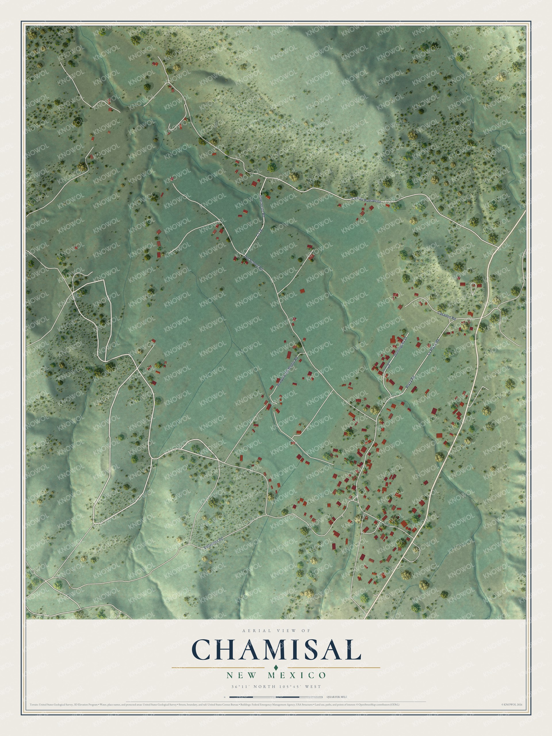Full map of Chamisal, New Mexico, with red buildings, printed street names and the land around them