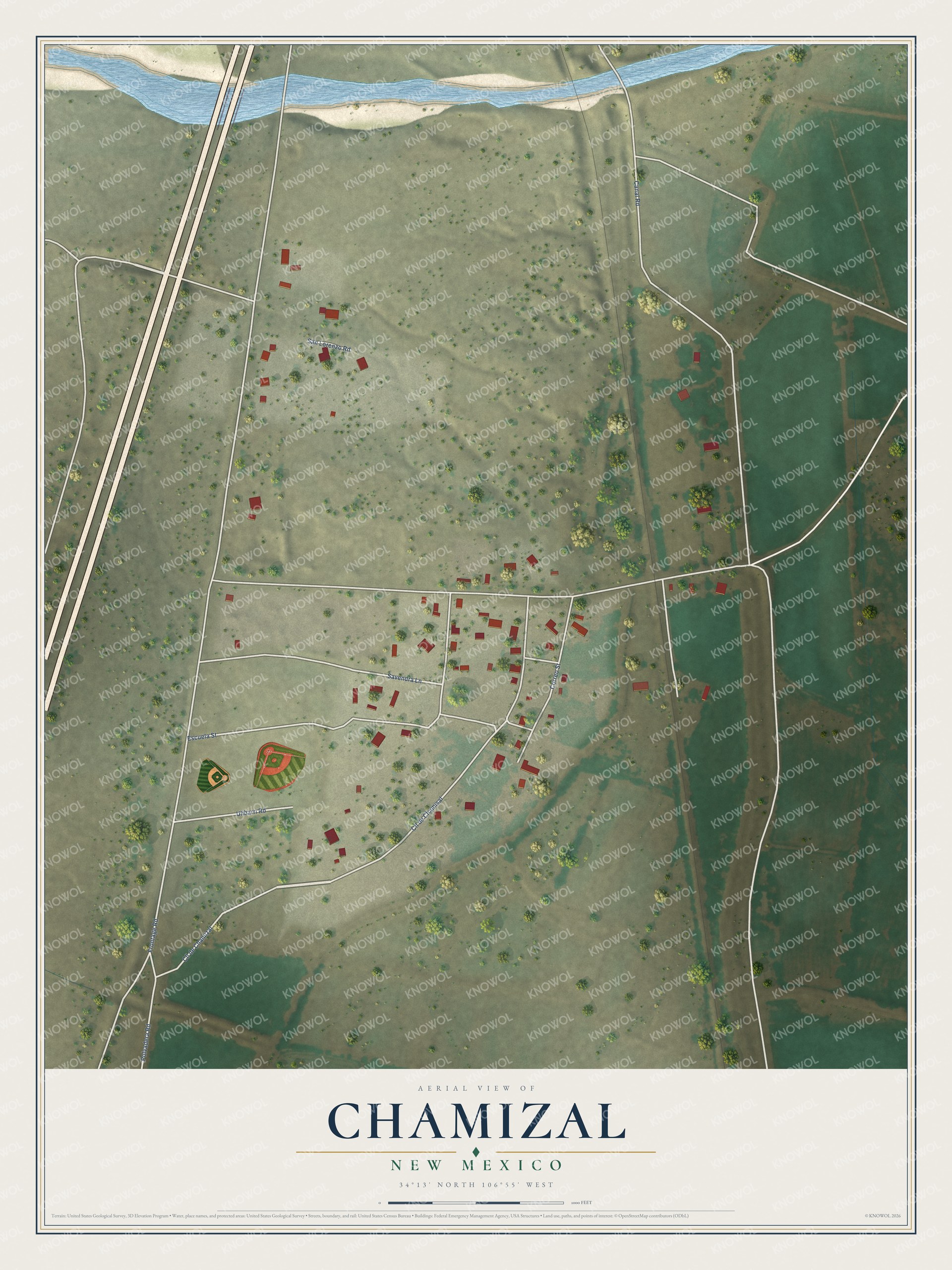 Full map of Chamizal, New Mexico, with red buildings, printed street names and the land around them