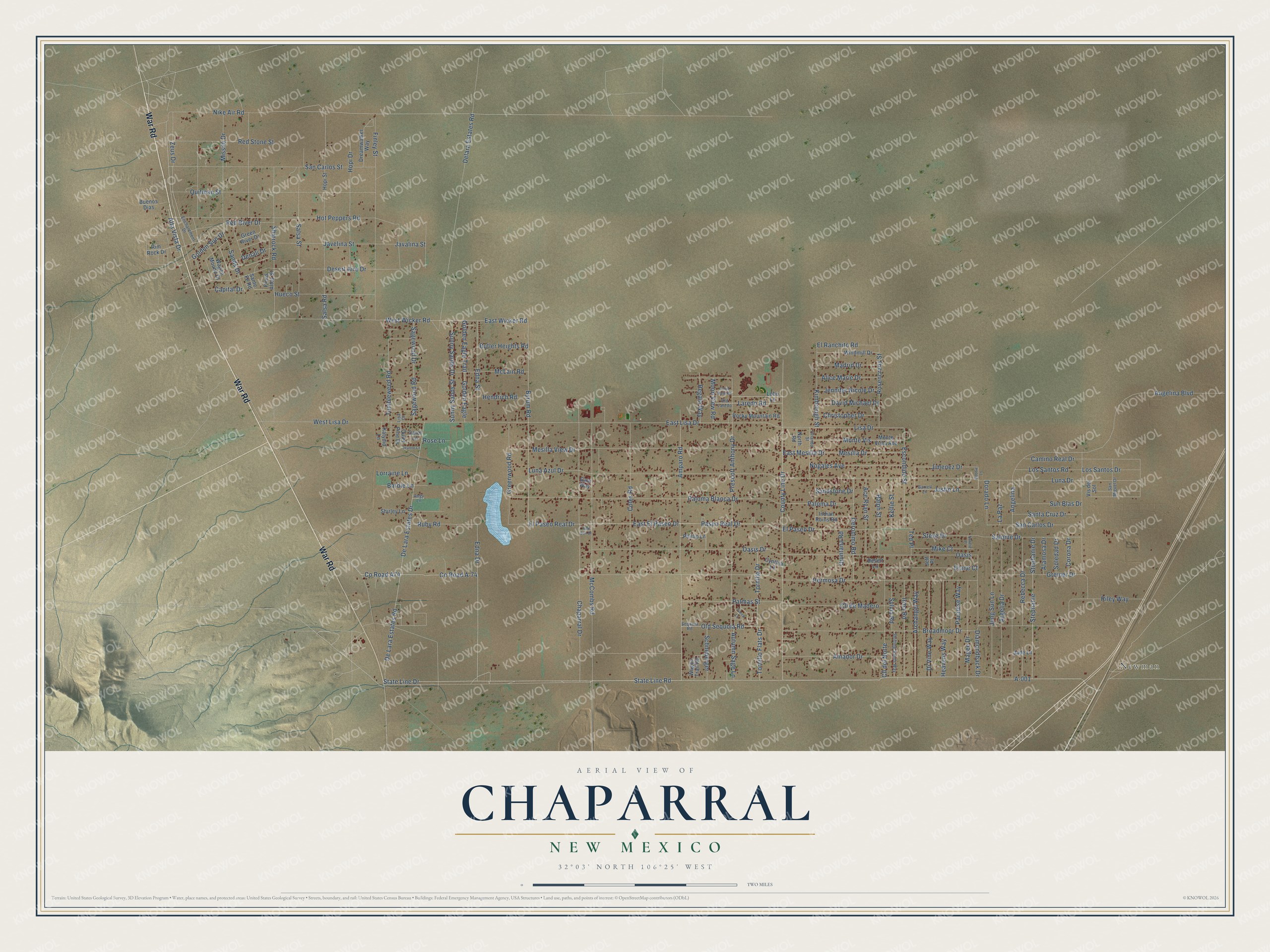 Full map of Chaparral, New Mexico, with red buildings, printed street names and the land around them